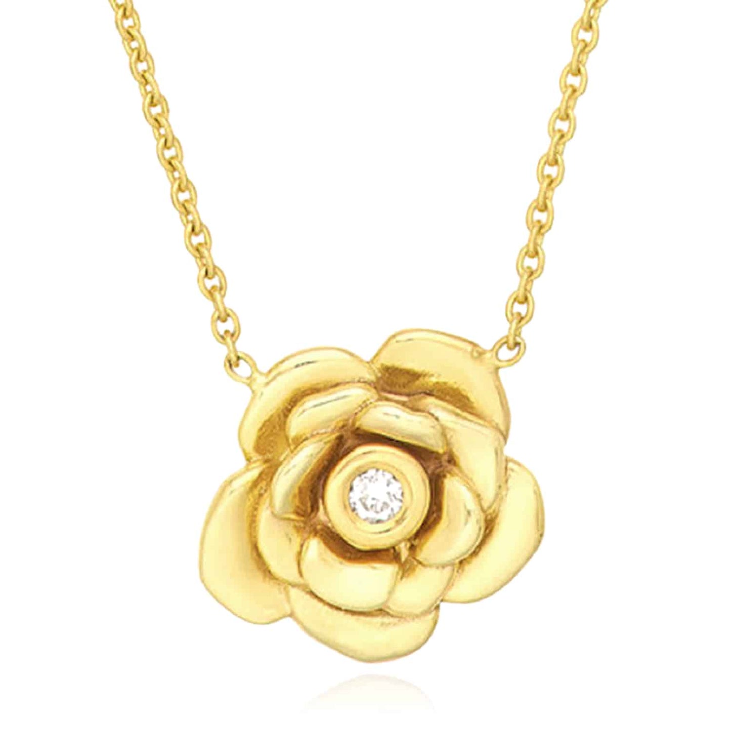 0.03CT Real Diamond 14K Real Gold 3D Rose Flower Pendant Necklace 16"-18" Adjust