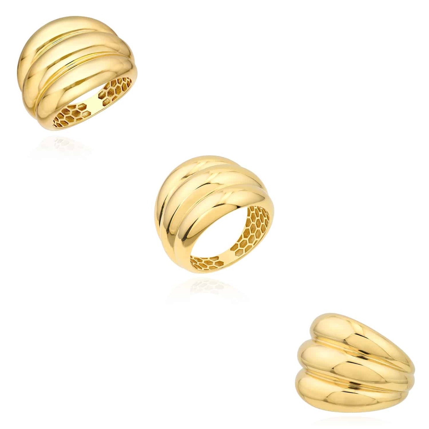 14K Real Gold 3-Row Horizontal Wide Fluted Polished Dome Ring