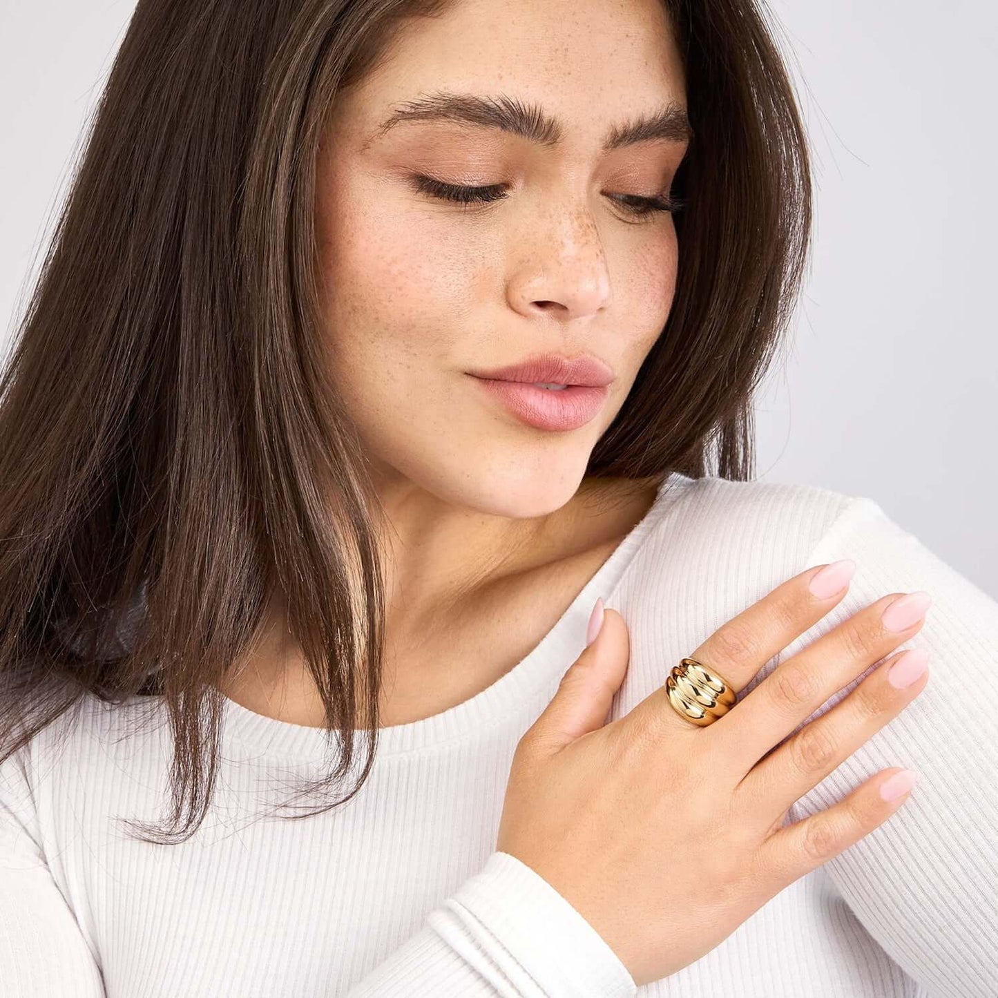 14K Real Gold 3-Row Horizontal Wide Fluted Polished Dome Ring