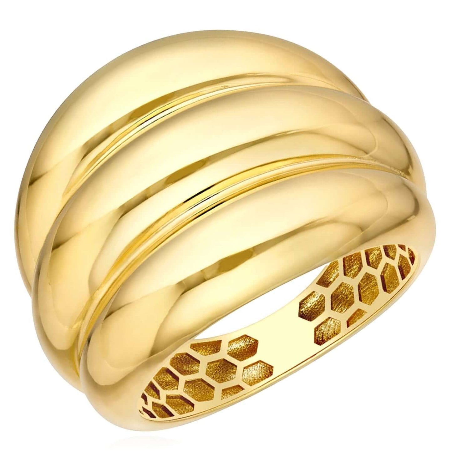 14K Real Gold 3-Row Horizontal Wide Fluted Polished Dome Ring