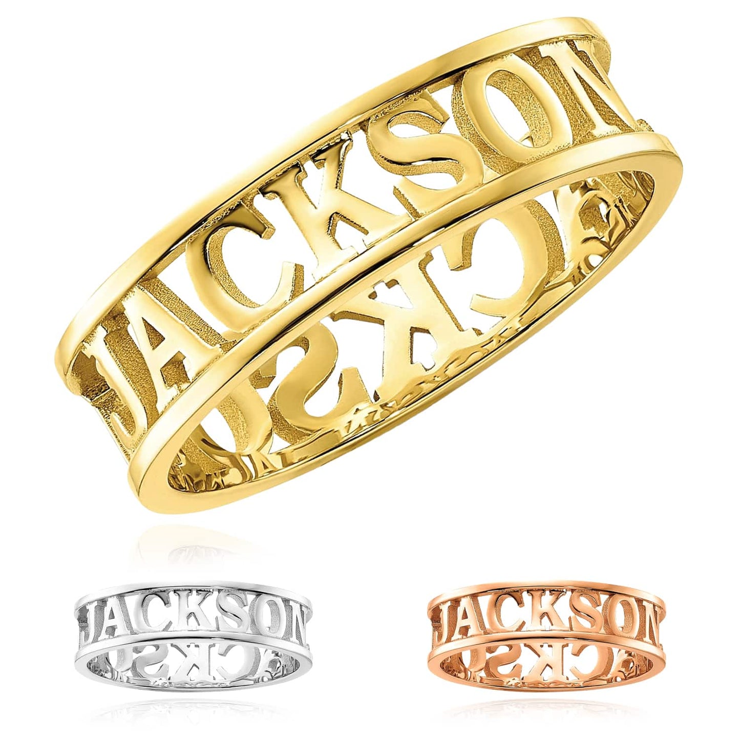 Personalized 14K Real Gold Yellow White Rose Custom Casted Name Ring