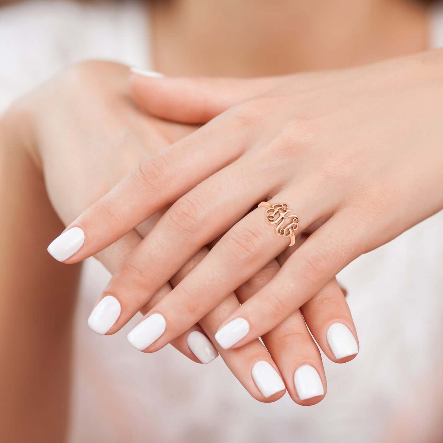 Personalized 14K Yellow Gold White Rose Custom Casted Monogram Ring