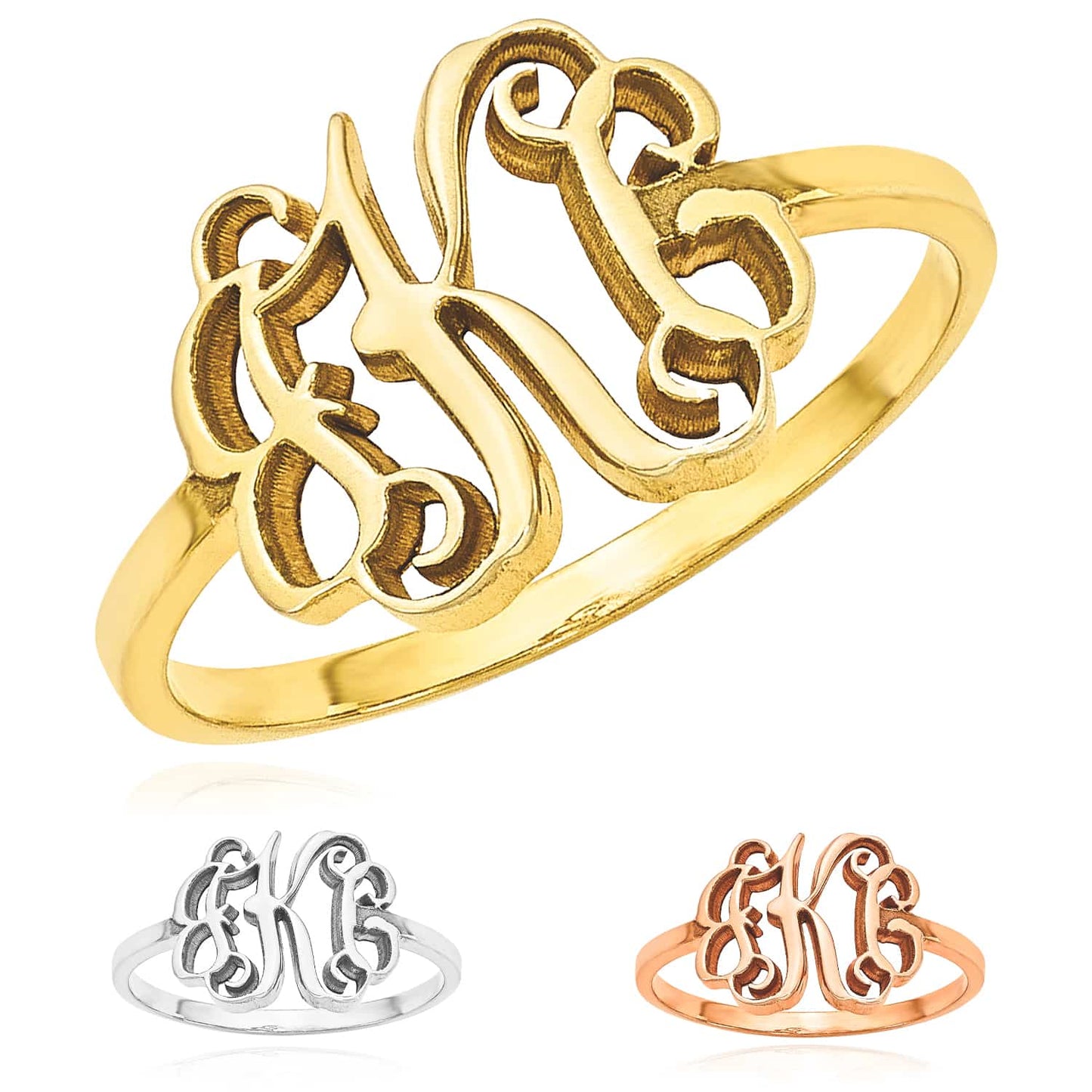 Personalized 14K Yellow Gold White Rose Custom Casted Monogram Ring
