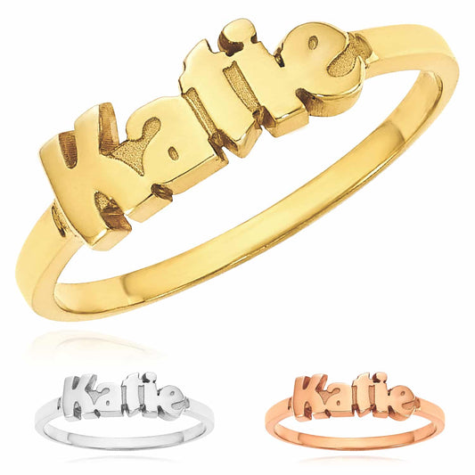 Personalized 14K Yellow Gold White Rose Custom Casted Name Ring