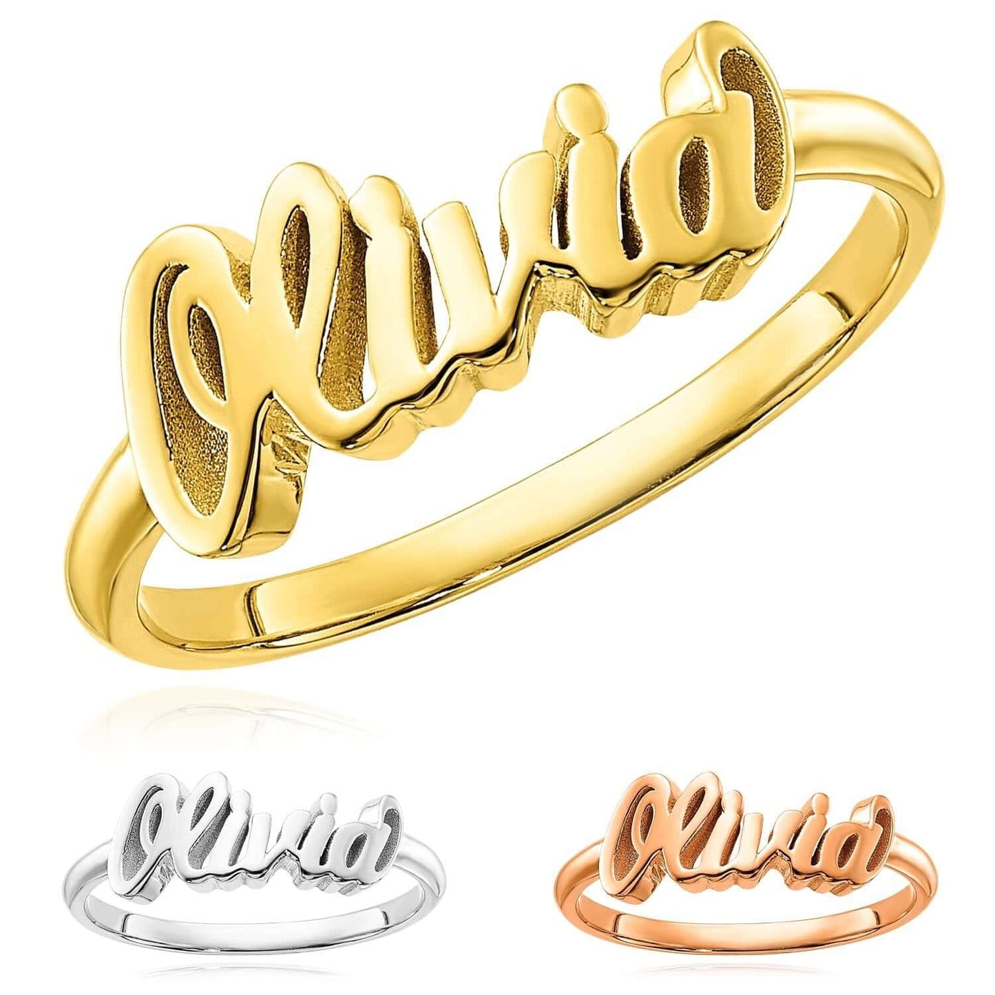 Personalized 14K Real Gold Yellow White Rose Custom Casted Name Ring