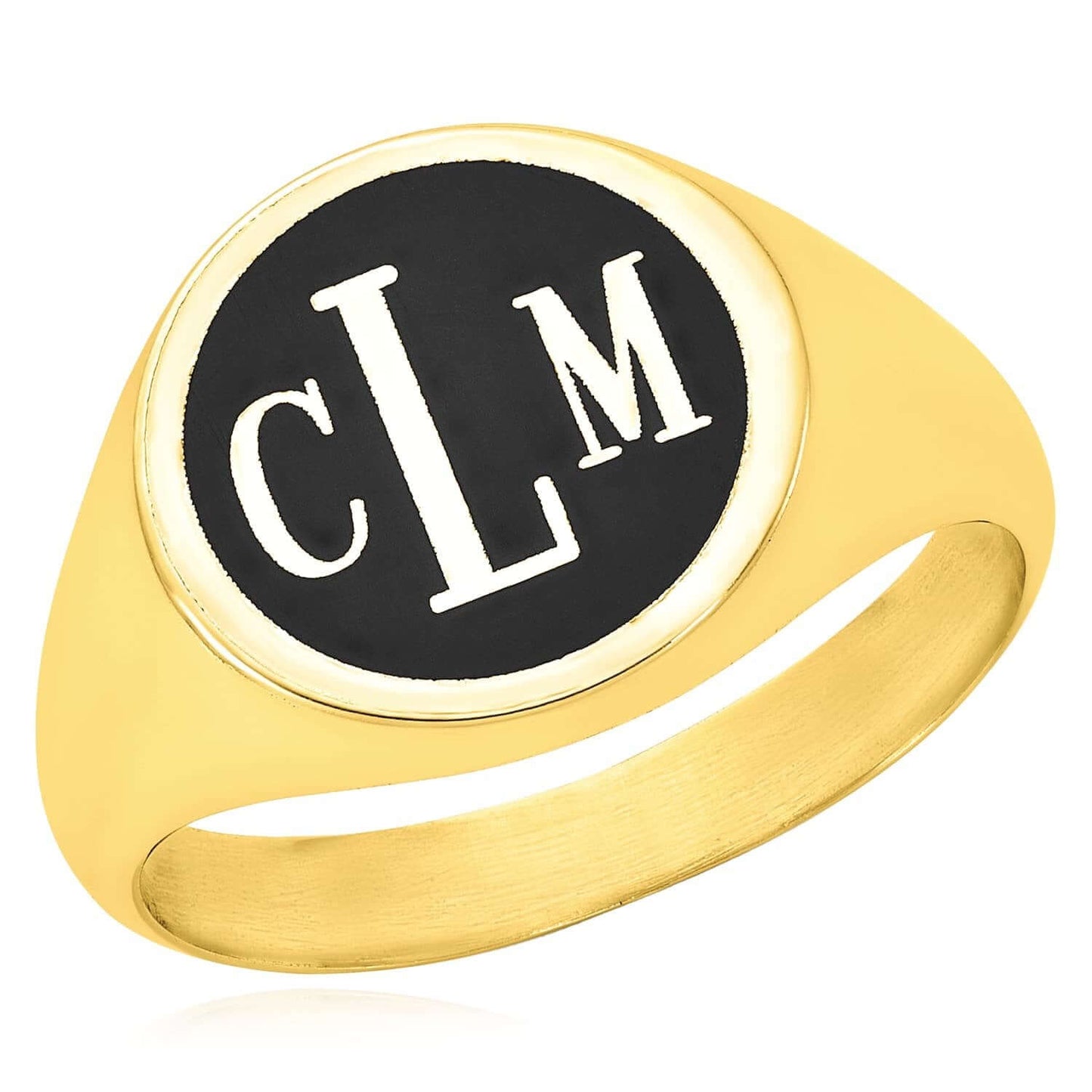 Personalized 14K Real Gold White Rose Monogram Black Custom Signet Name Ring