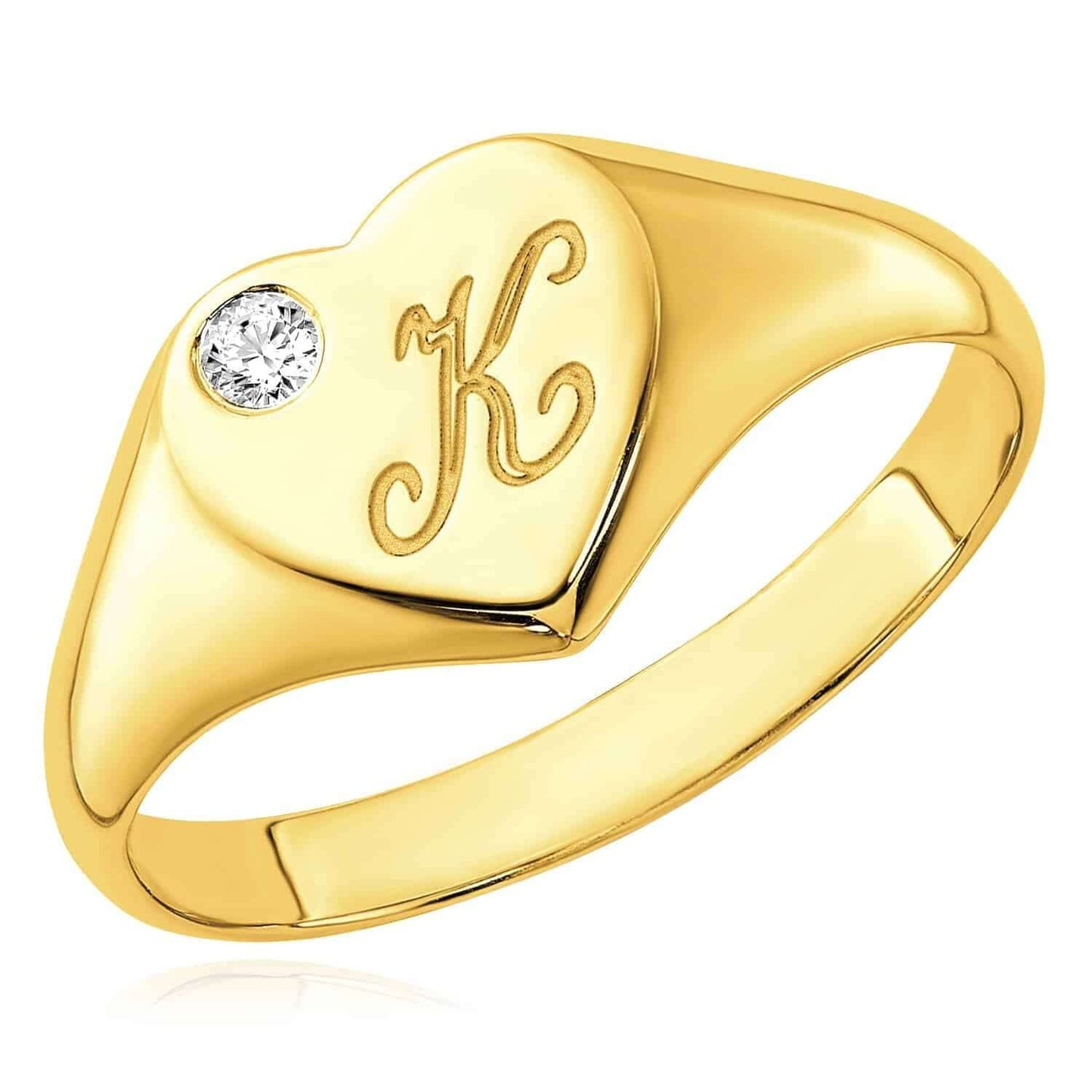 Personalized Natural Diamond 14K White Gold Heart Custom Initial Signet Ring