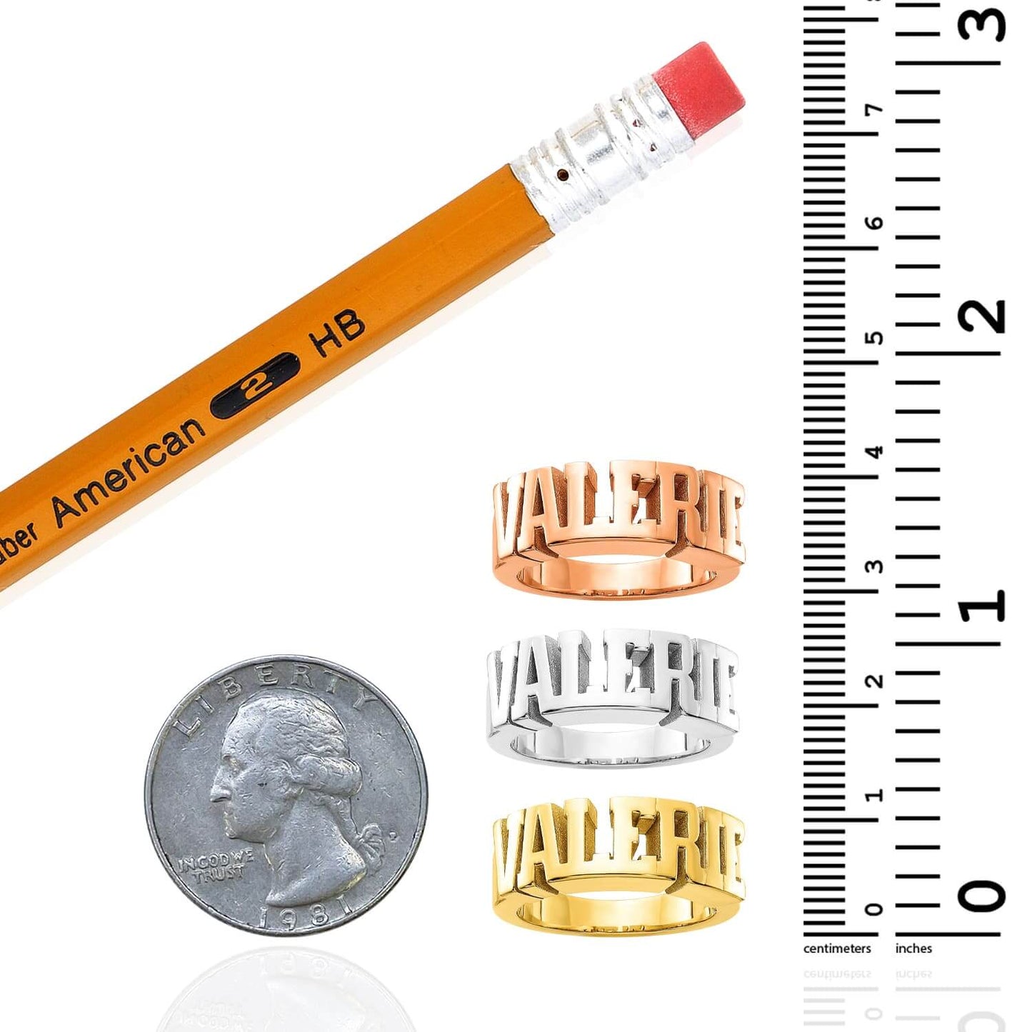 Personalized 14K Real Gold White Rose Custom Bold Block Name Ring
