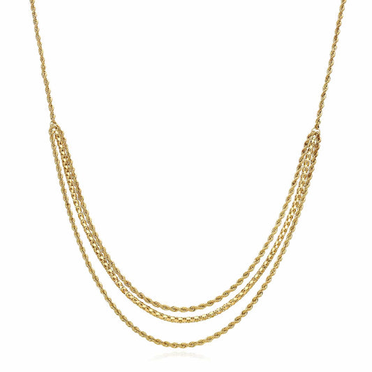 10K Yellow Gold 1.8mm Rope and Popcorn Triple-Strand Necklace Chain (Hollow) 17"