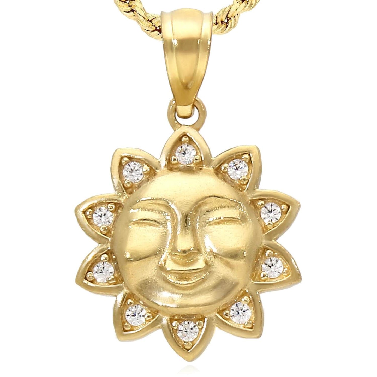 10K Real Gold 0.05CTW CZ Smiling Sun Face Pendant 0.7"