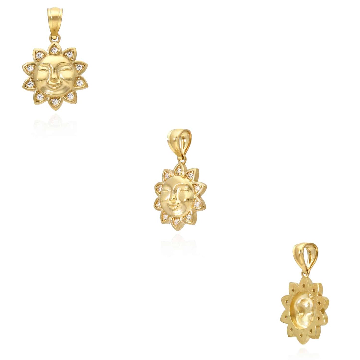10K Real Gold 0.05CTW CZ Smiling Sun Face Pendant 0.7"