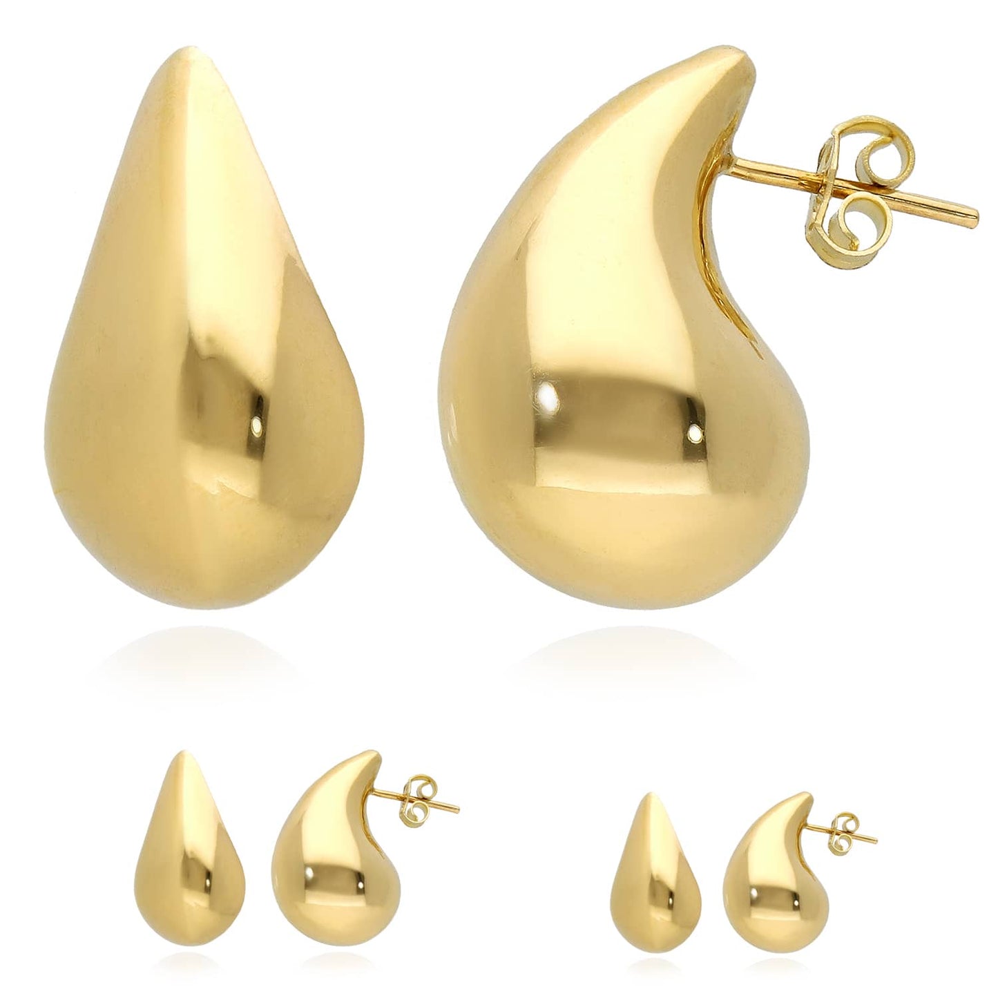 10K Real Gold Bold Dome Teardrop Push Back Stud Earrings 19mm-25mm