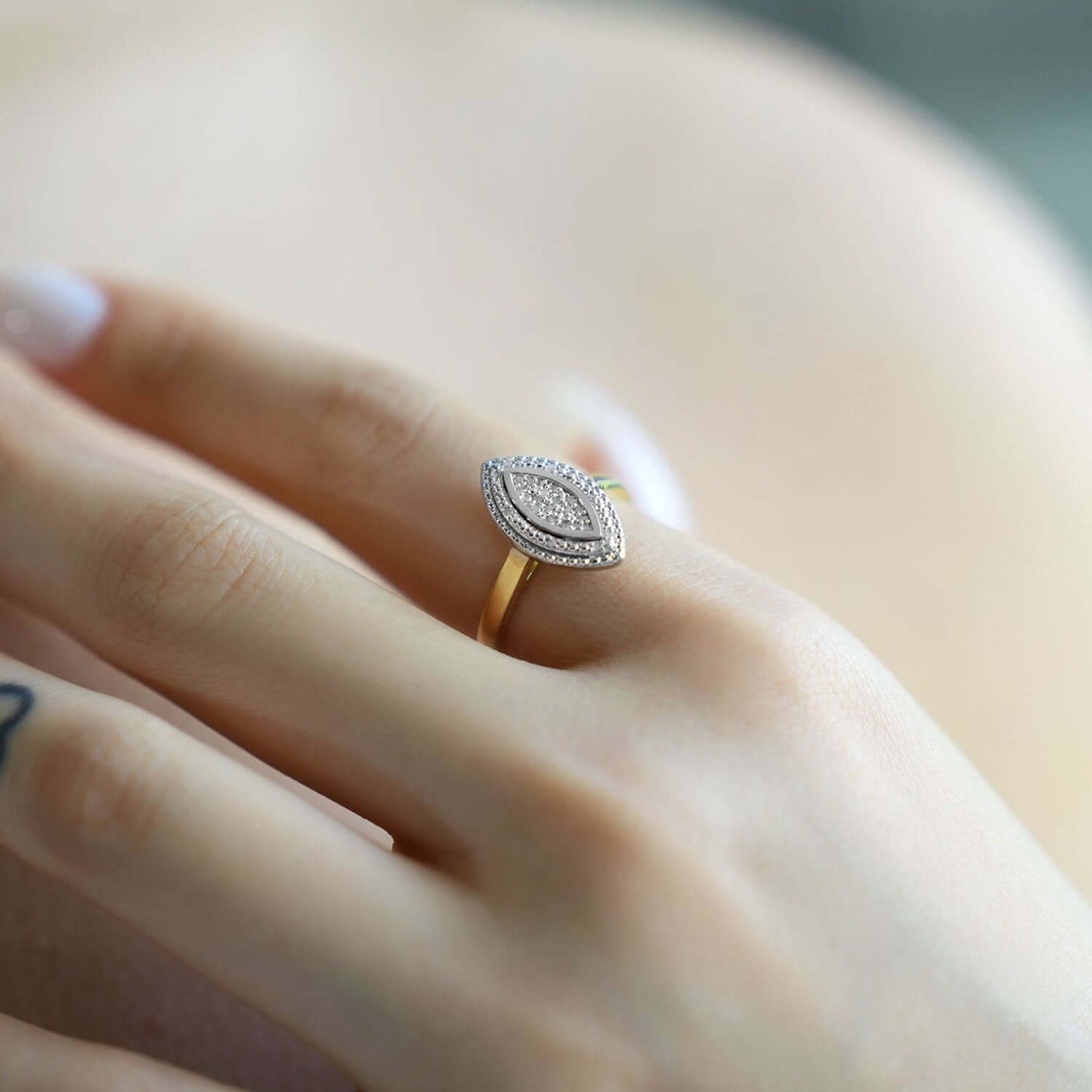 0.15CTW Real Diamond 10K Real Gold White Two-Tone Marquise Cocktail Ring