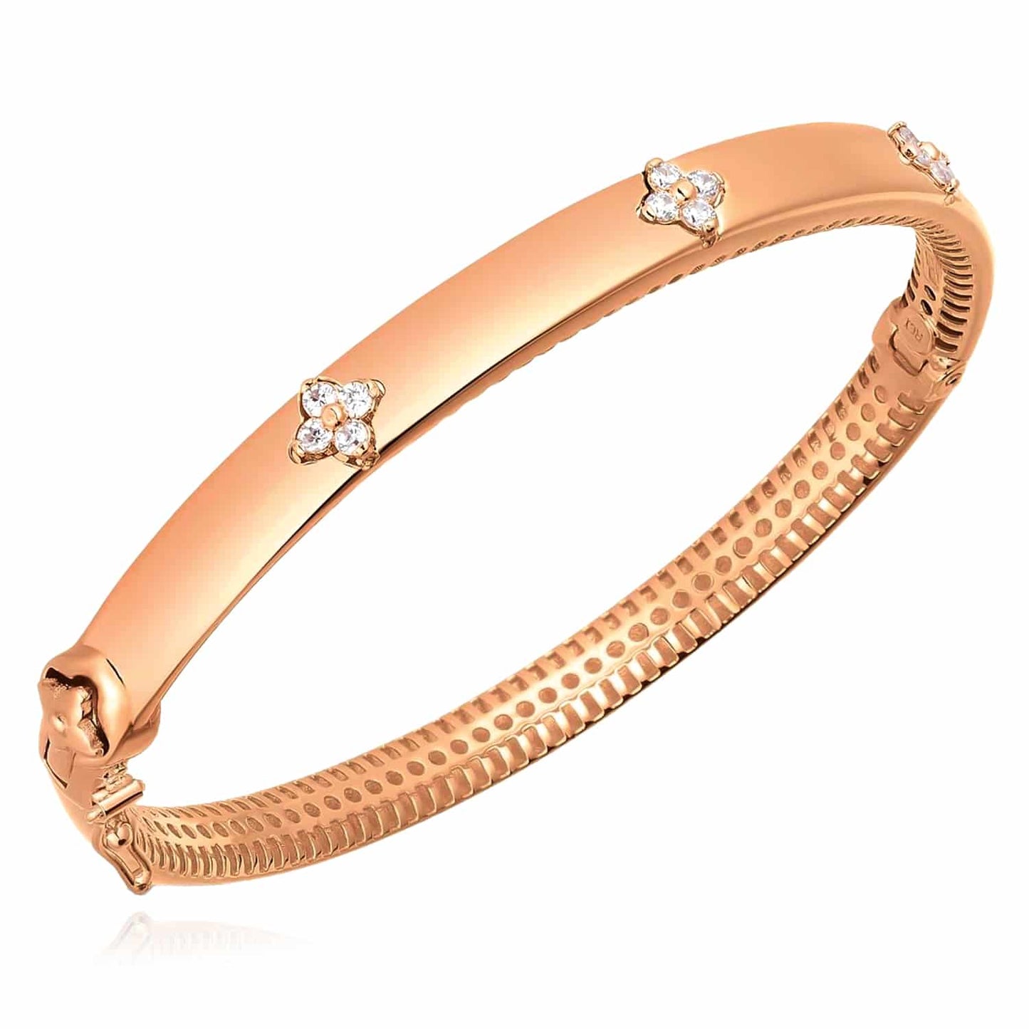 0.30CTW Real Diamond 14K Real Gold White Rose Clover Trilogy Bangle Bracelet 7"
