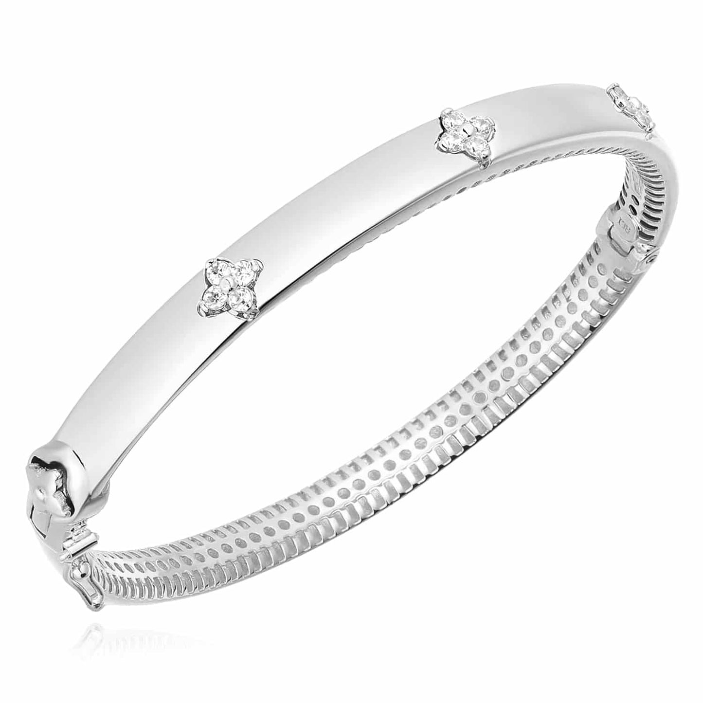 0.30CTW Real Diamond 14K Real Gold White Rose Clover Trilogy Bangle Bracelet 7"