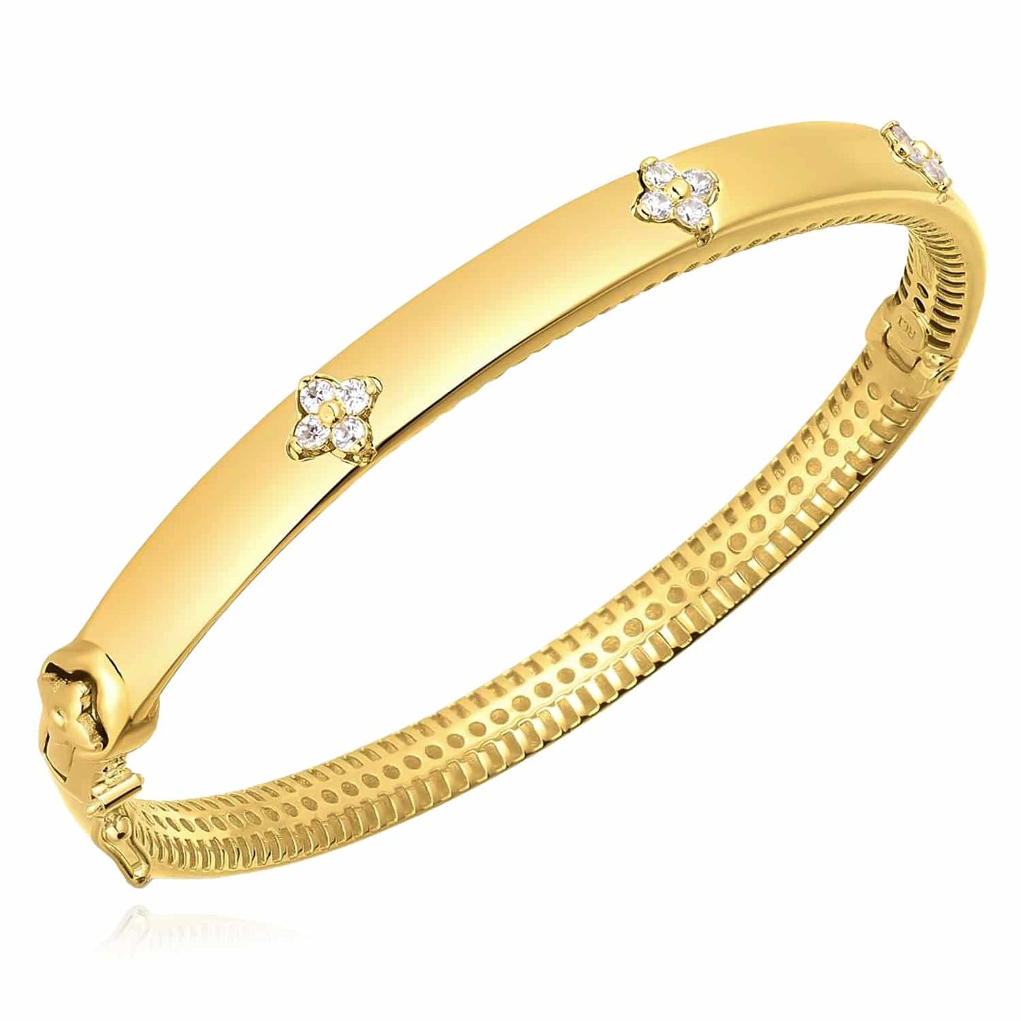 0.30CTW Real Diamond 14K Real Gold White Rose Clover Trilogy Bangle Bracelet 7"