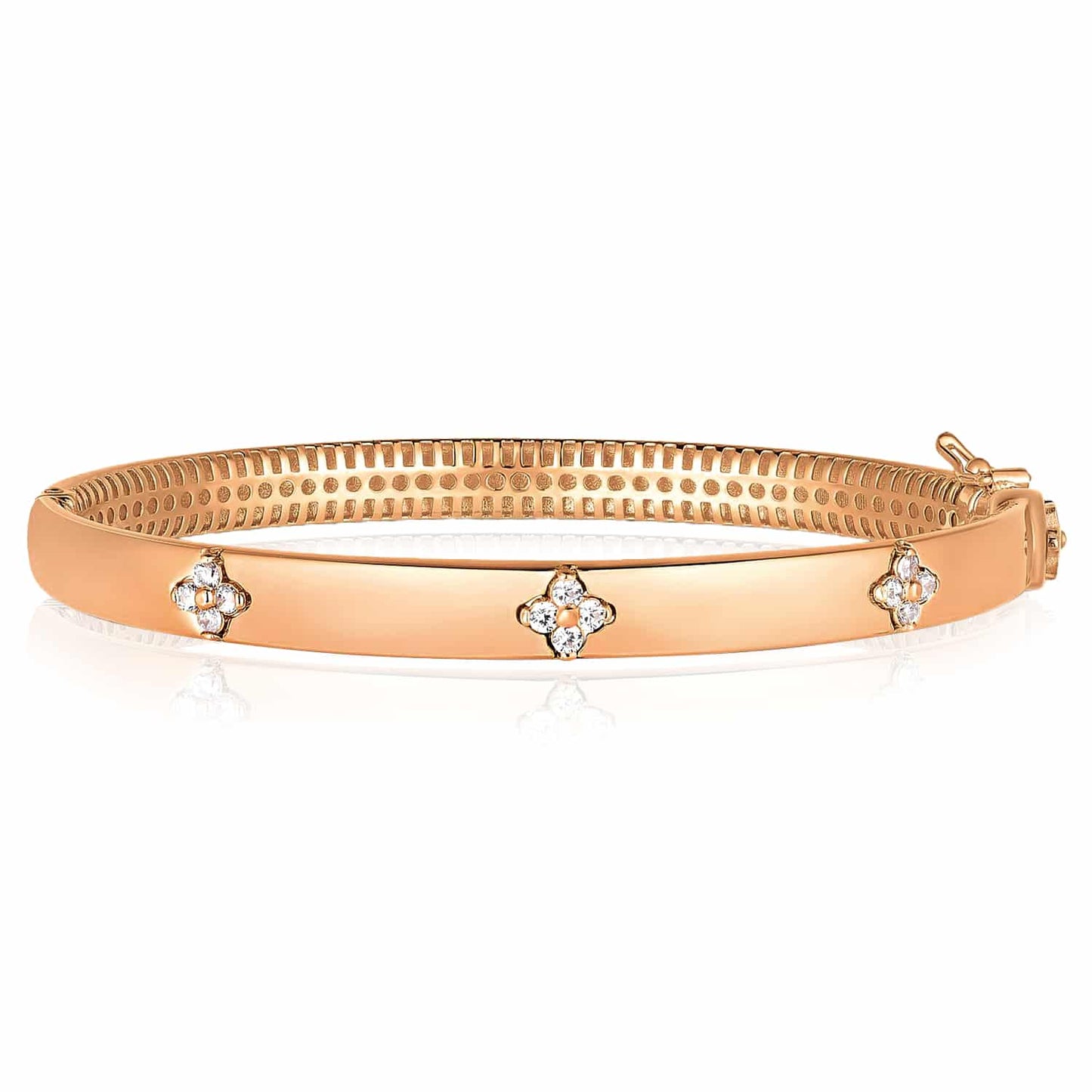 0.30CTW Real Diamond 14K Real Gold White Rose Clover Trilogy Bangle Bracelet 7"