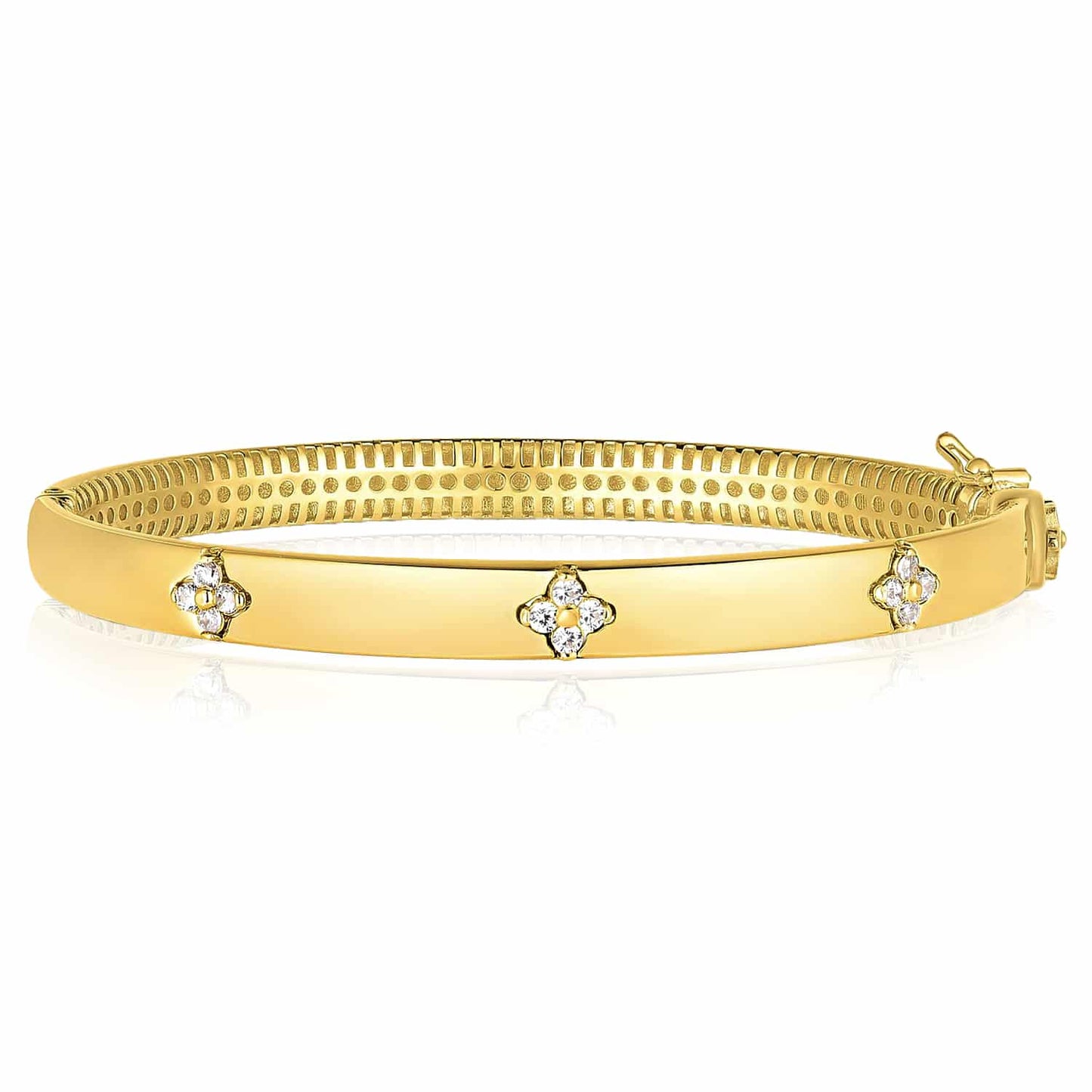 0.30CTW Real Diamond 14K Real Gold White Rose Clover Trilogy Bangle Bracelet 7"