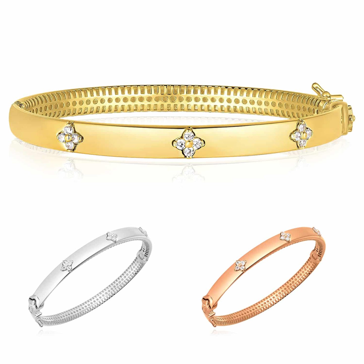 0.30CTW Real Diamond 14K Real Gold White Rose Clover Trilogy Bangle Bracelet 7"