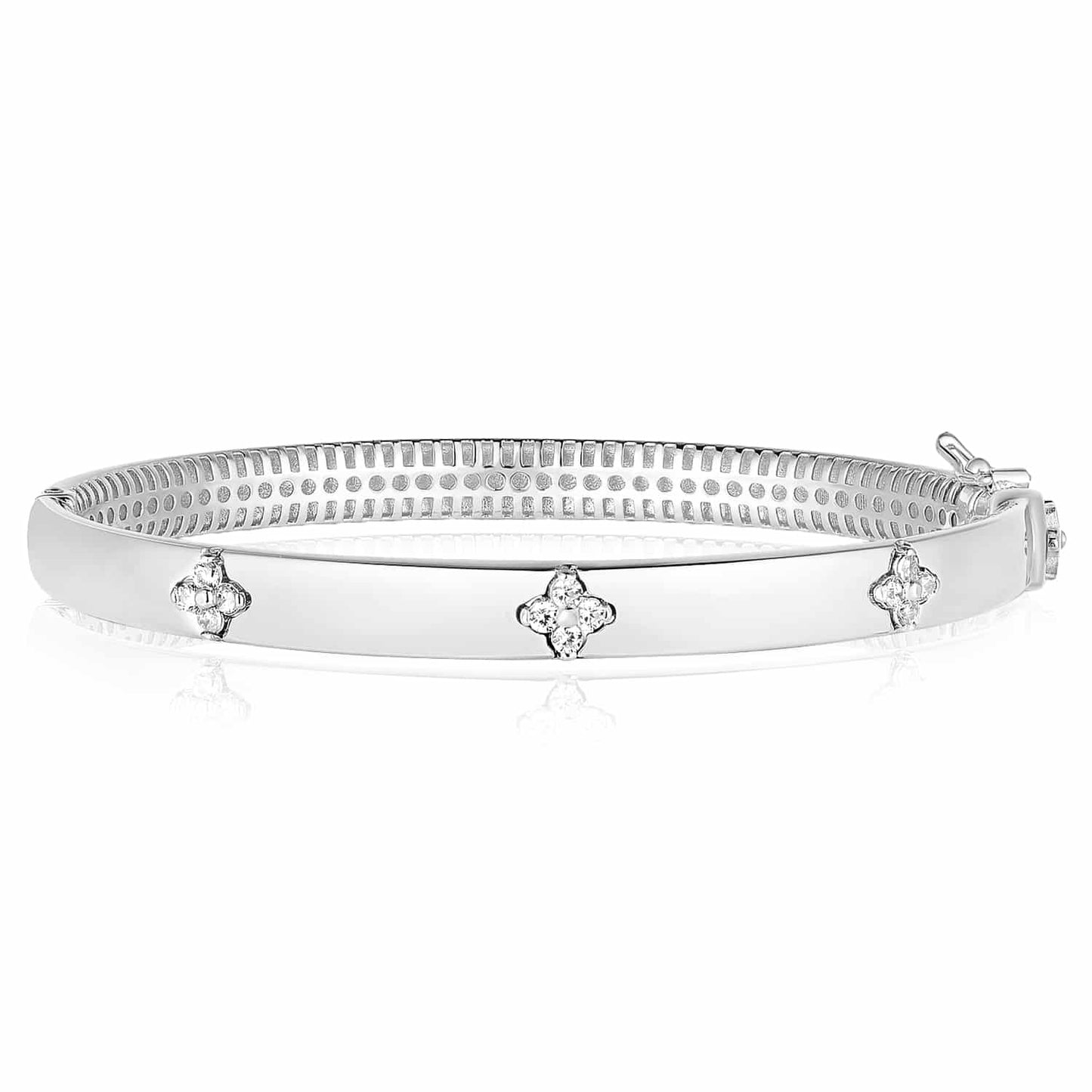 0.30CTW Real Diamond 14K Real Gold White Rose Clover Trilogy Bangle Bracelet 7"