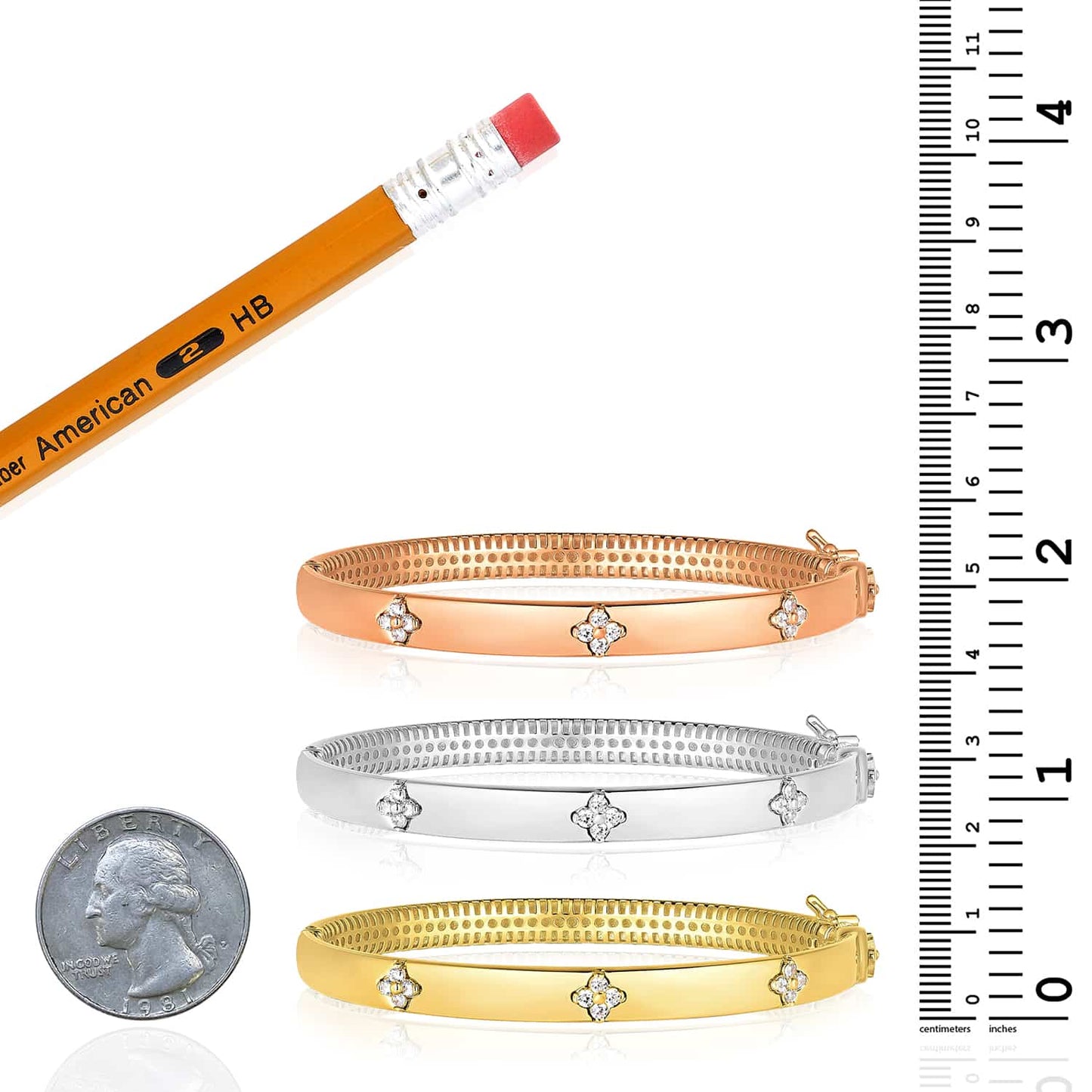 0.30CTW Real Diamond 14K Real Gold White Rose Clover Trilogy Bangle Bracelet 7"