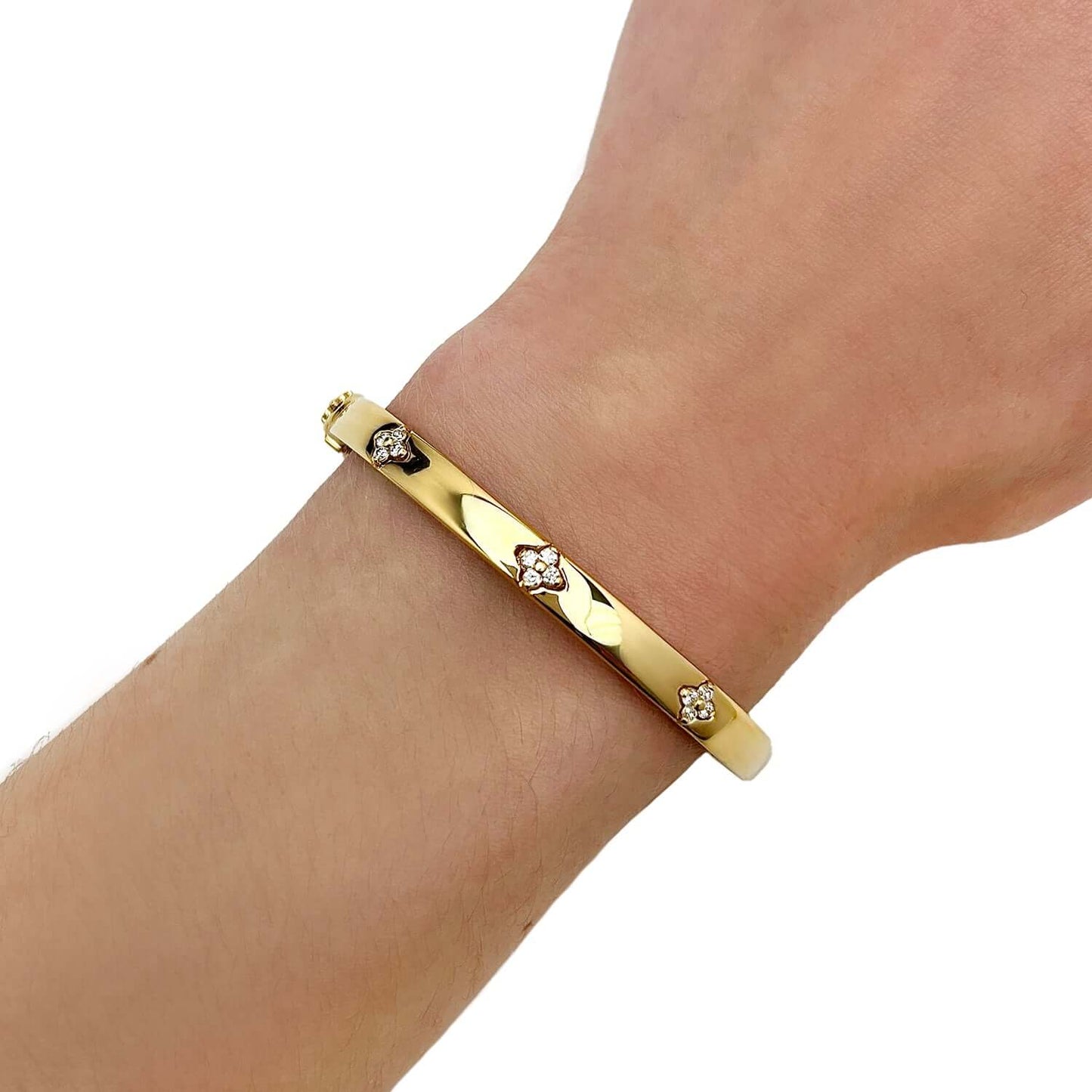 0.30CTW Real Diamond 14K Real Gold White Rose Clover Trilogy Bangle Bracelet 7"