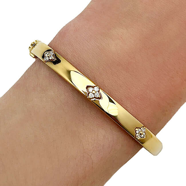 0.30CTW Real Diamond 14K Real Gold White Rose Clover Trilogy Bangle Bracelet 7"