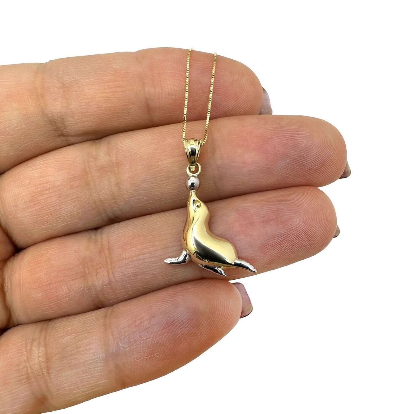 10K Gold Two-Tone White Seal Pendant with 18" Box Chain