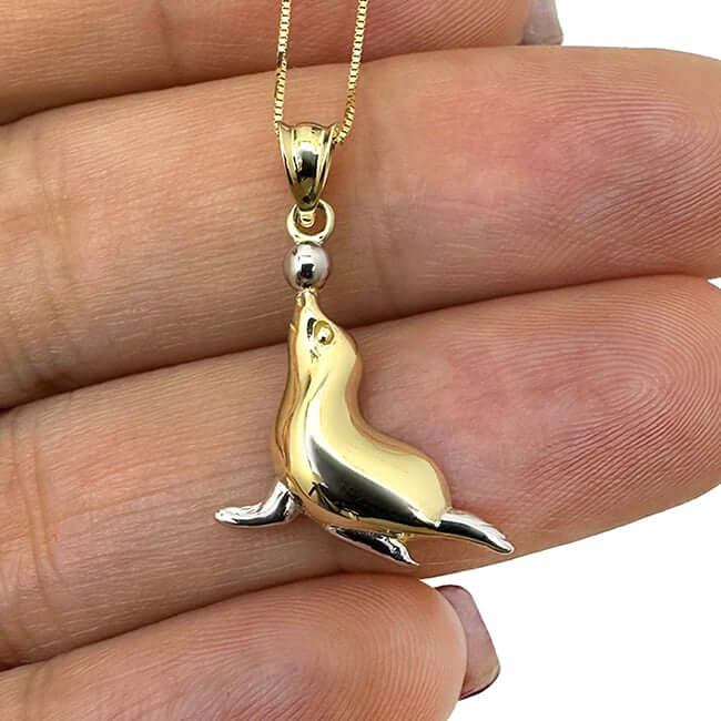 10K Gold Two-Tone White Seal Pendant with 18" Box Chain