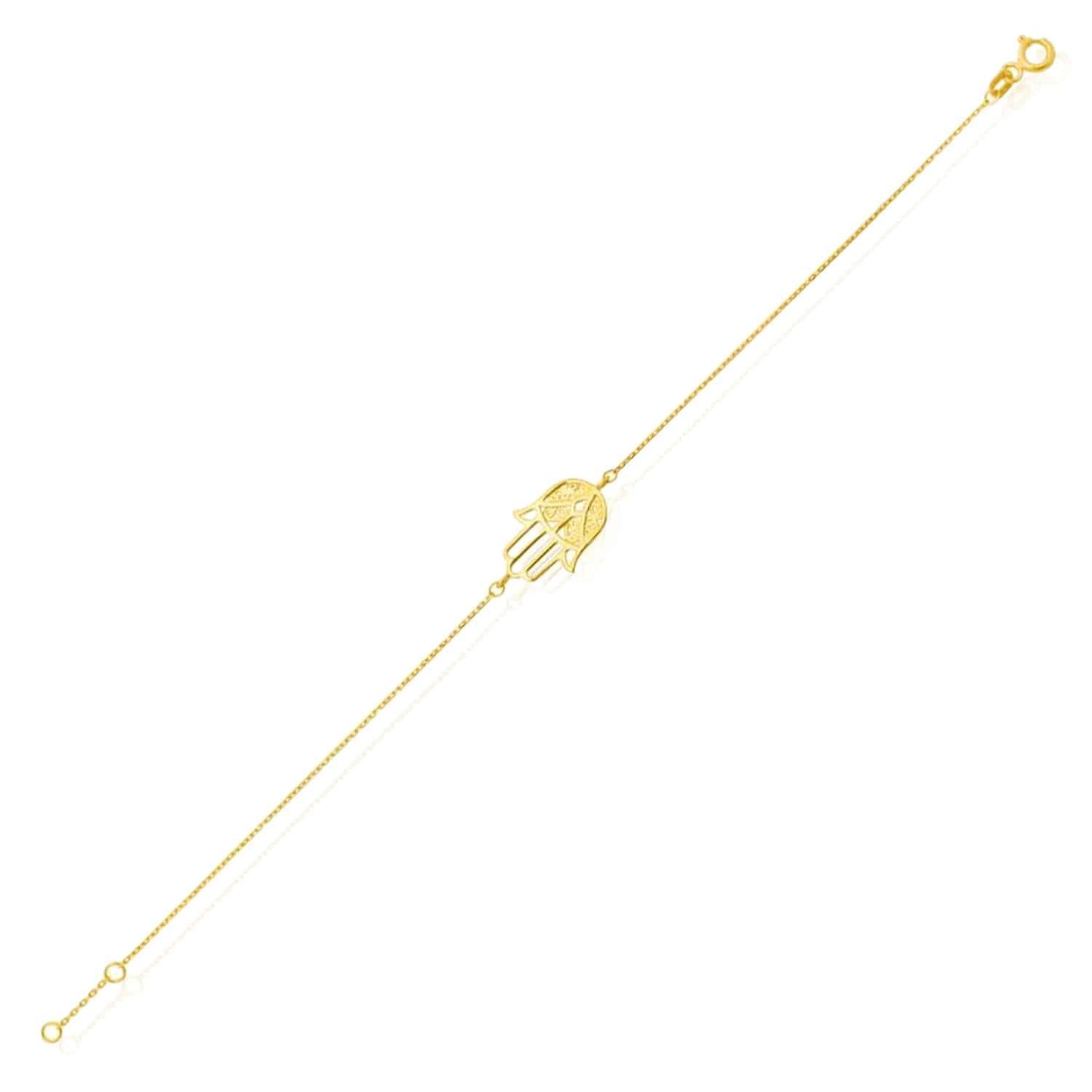 14K Real Gold Diamond-Cut Hamsa Hand Bracelet 6.75"-7" Adjustable