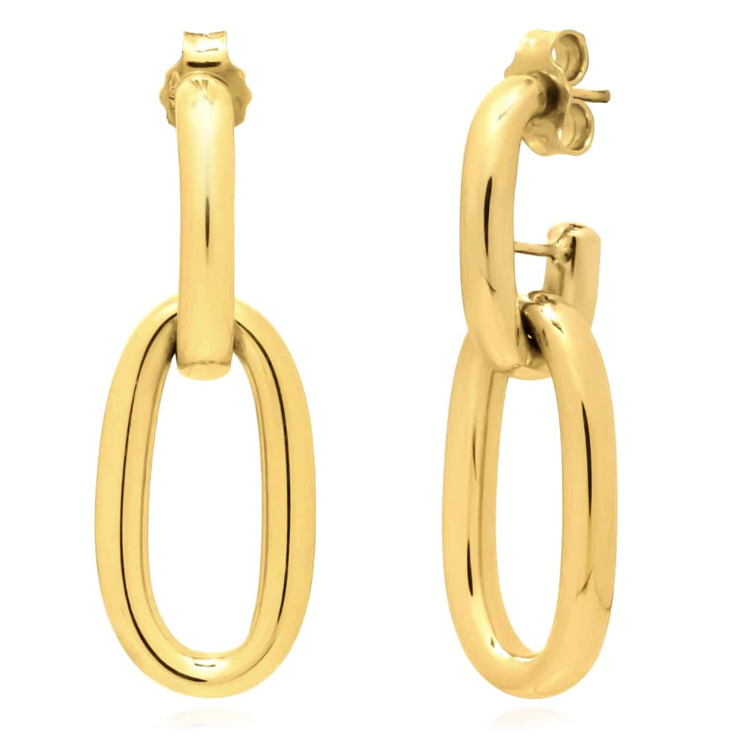 14K Real Gold Interlocking Oval Links Drop Push Back Earrings