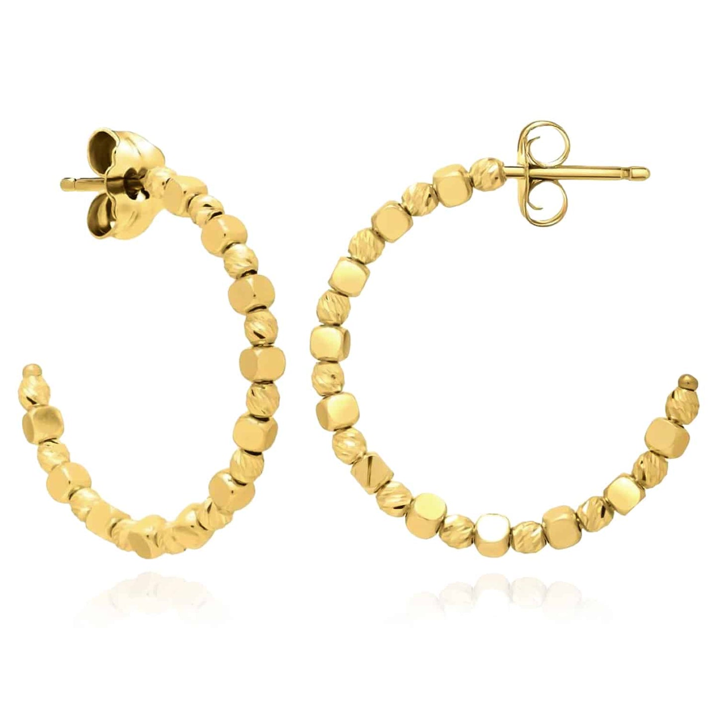 14K Real Gold Textured Push Back Pebble C-Hoop Earrings 14mm