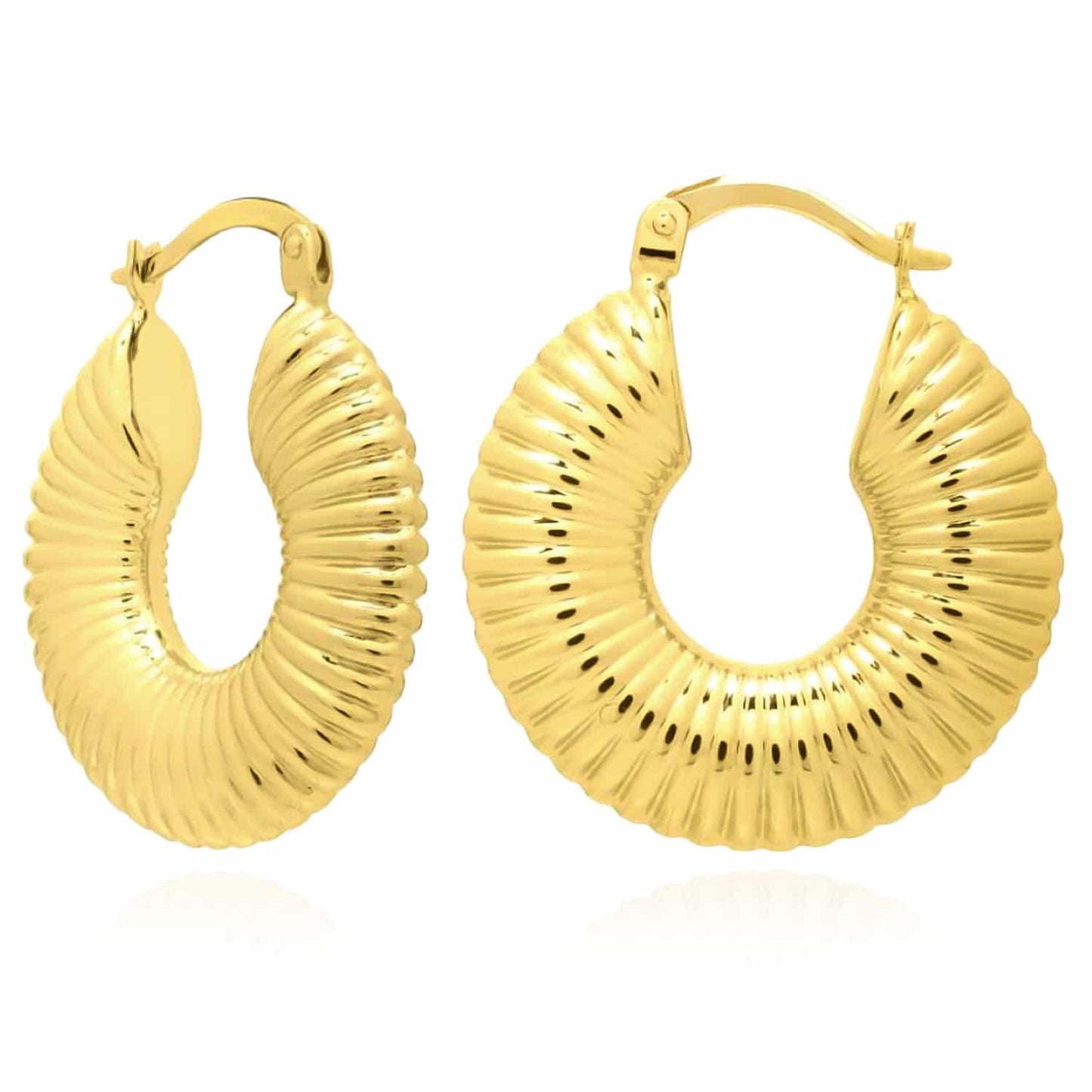 14K Real Yellow Gold Round Puffed Textured Hinged Hoop Earrings