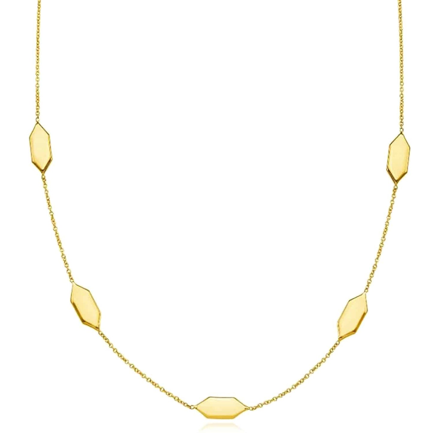 14K Real Gold Elongated Hexagon Pendant Cable Chain Necklace 18", 30"