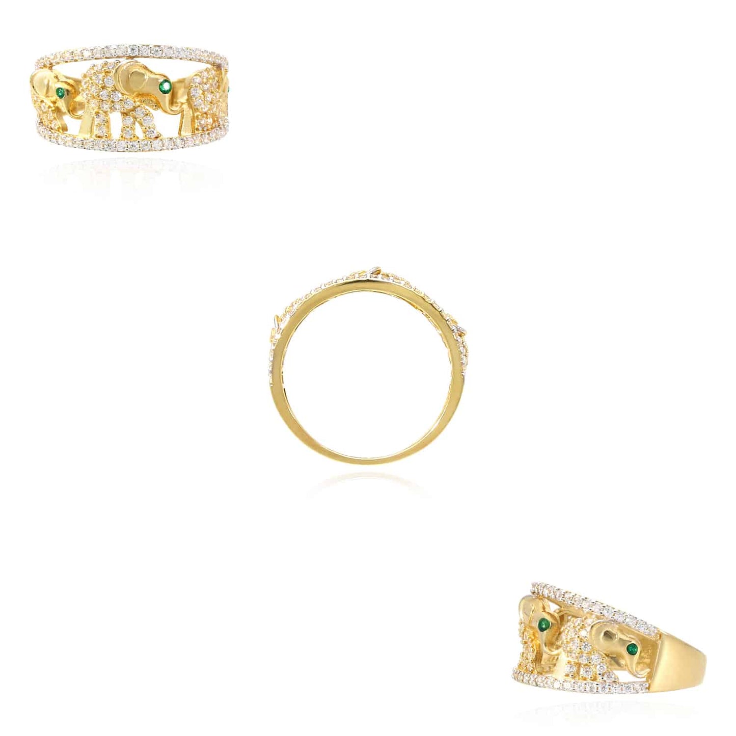 14K Real Gold .51CTW CZ Green Emerald Eyes Elephant Cocktail Ring