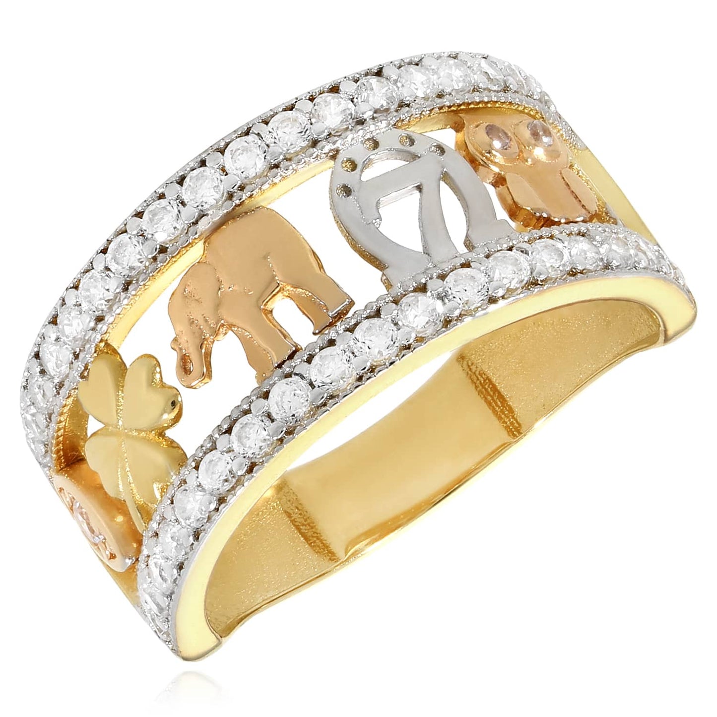 14K Real Gold CZ Elephant Horseshoe 4 Leaf Clover Cocktail Ring