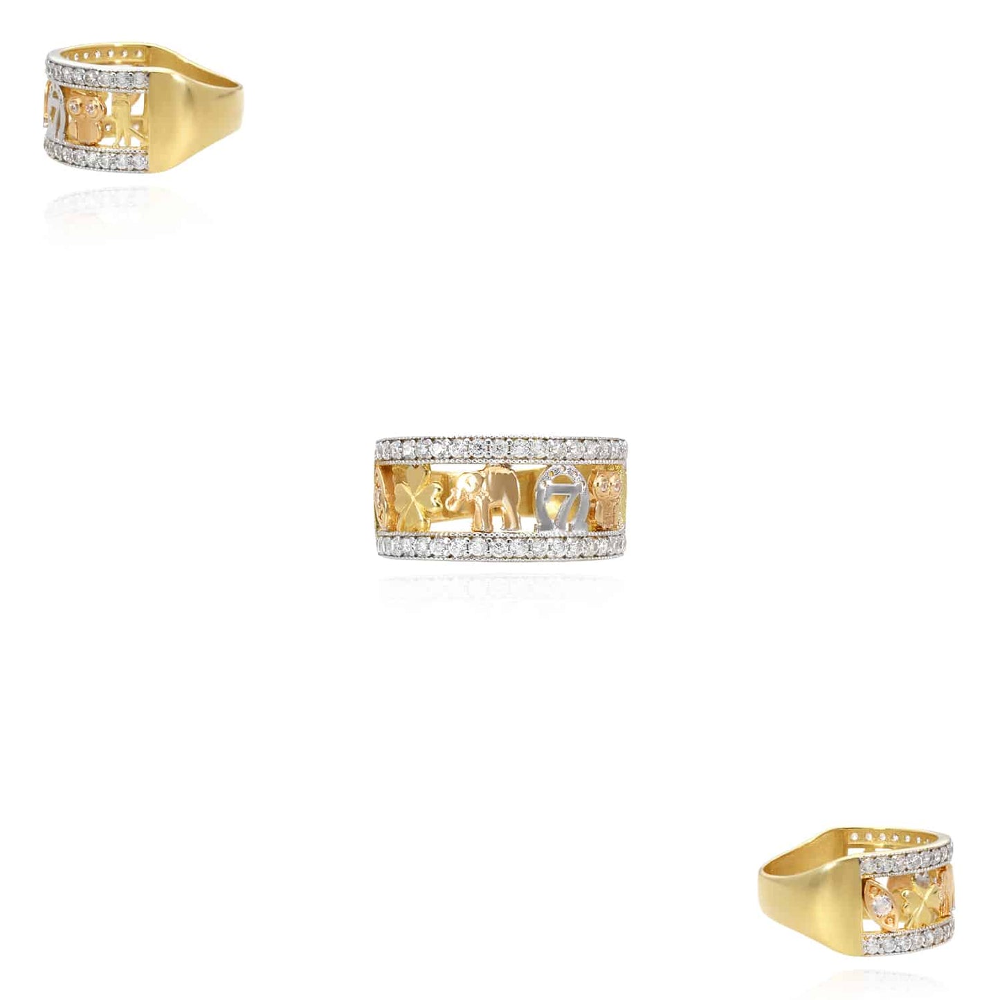 14K Real Gold CZ Elephant Horseshoe 4 Leaf Clover Cocktail Ring
