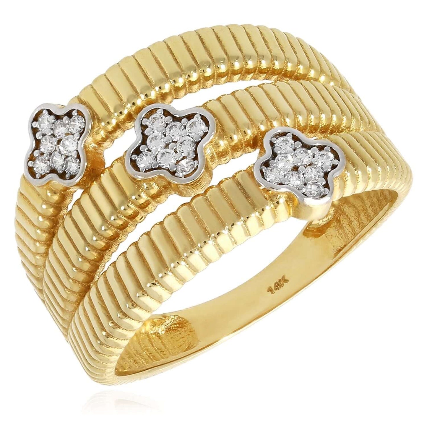 14K Gold CZ Triple Row Clover Cocktail Ring
