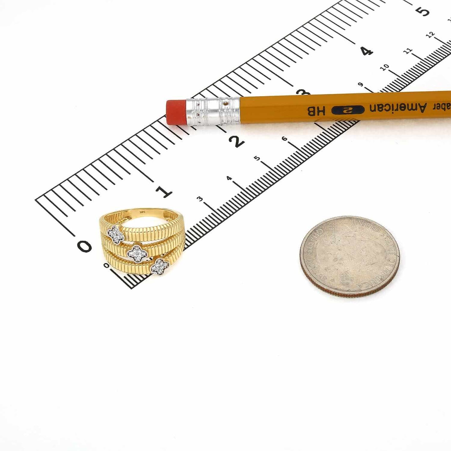 14K Gold CZ Triple Row Clover Cocktail Ring