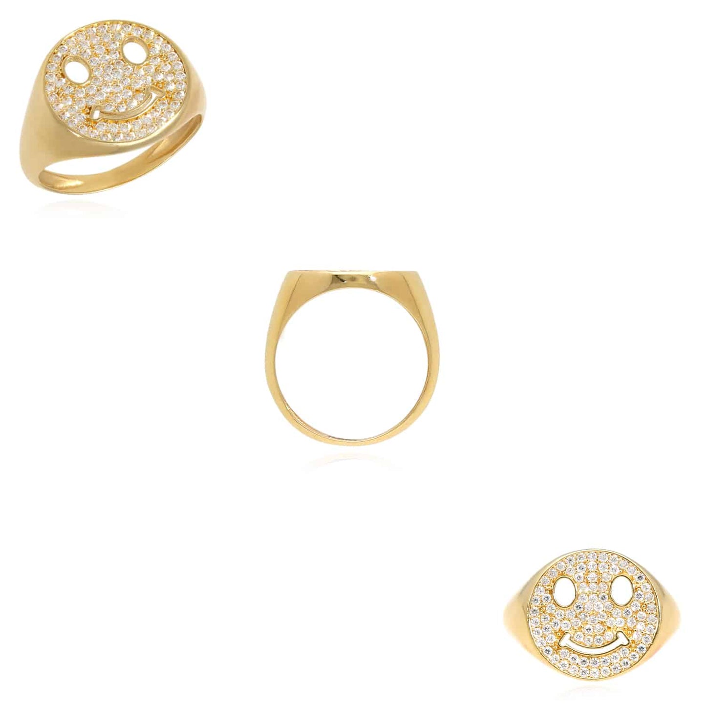 14K Real Gold 0.80CTW CZ White Pink Smiley Face Emoji Signet Ring