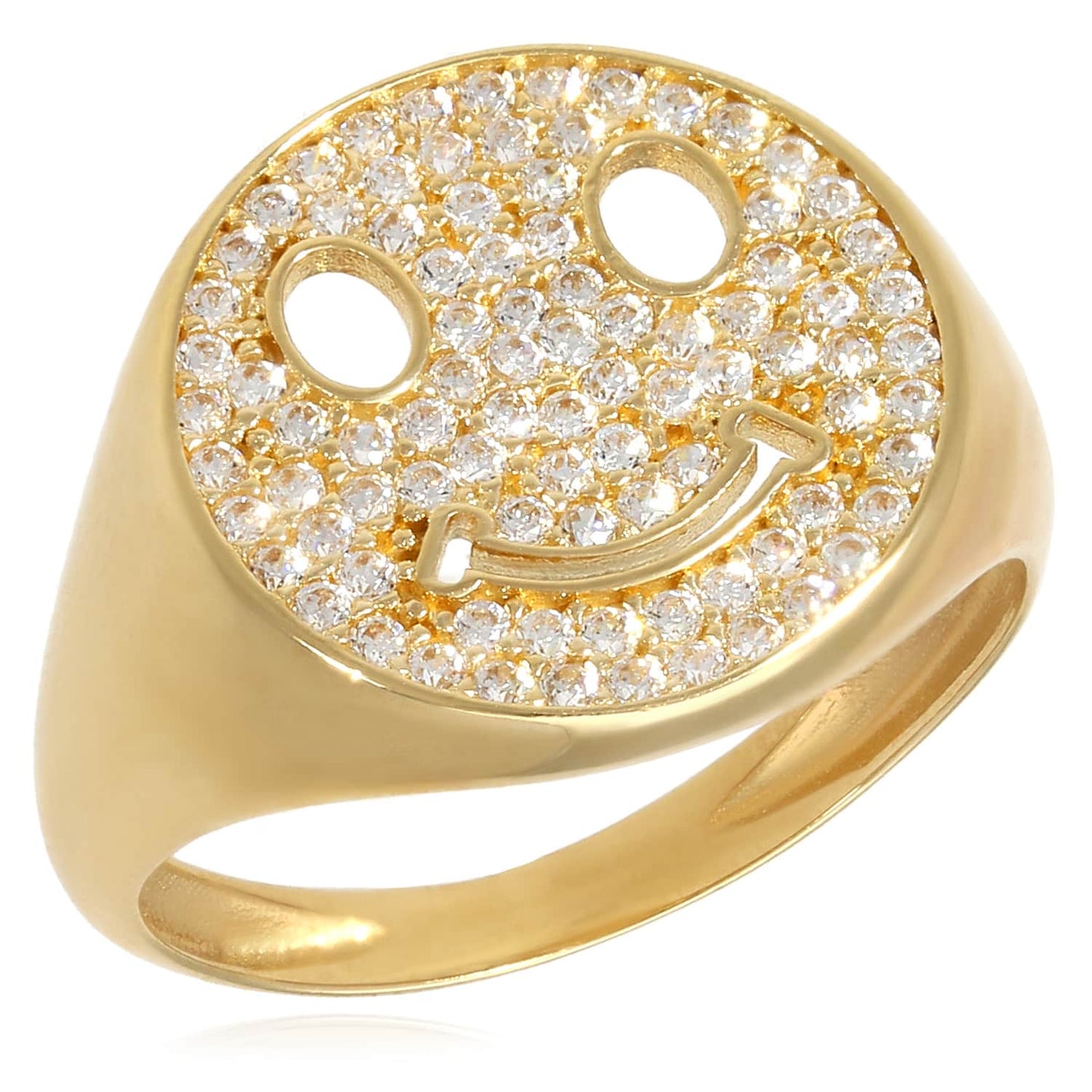 14K Real Gold 0.80CTW CZ White Pink Smiley Face Emoji Signet Ring