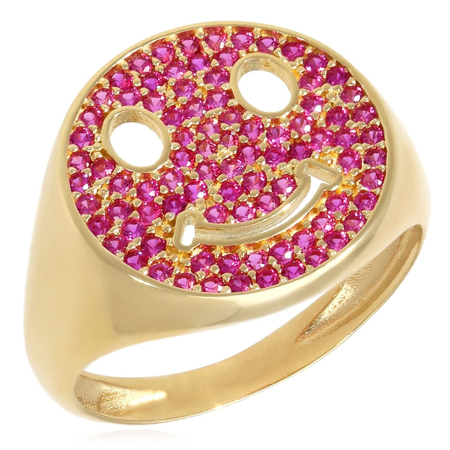 14K Real Gold 0.80CTW CZ White Pink Smiley Face Emoji Signet Ring