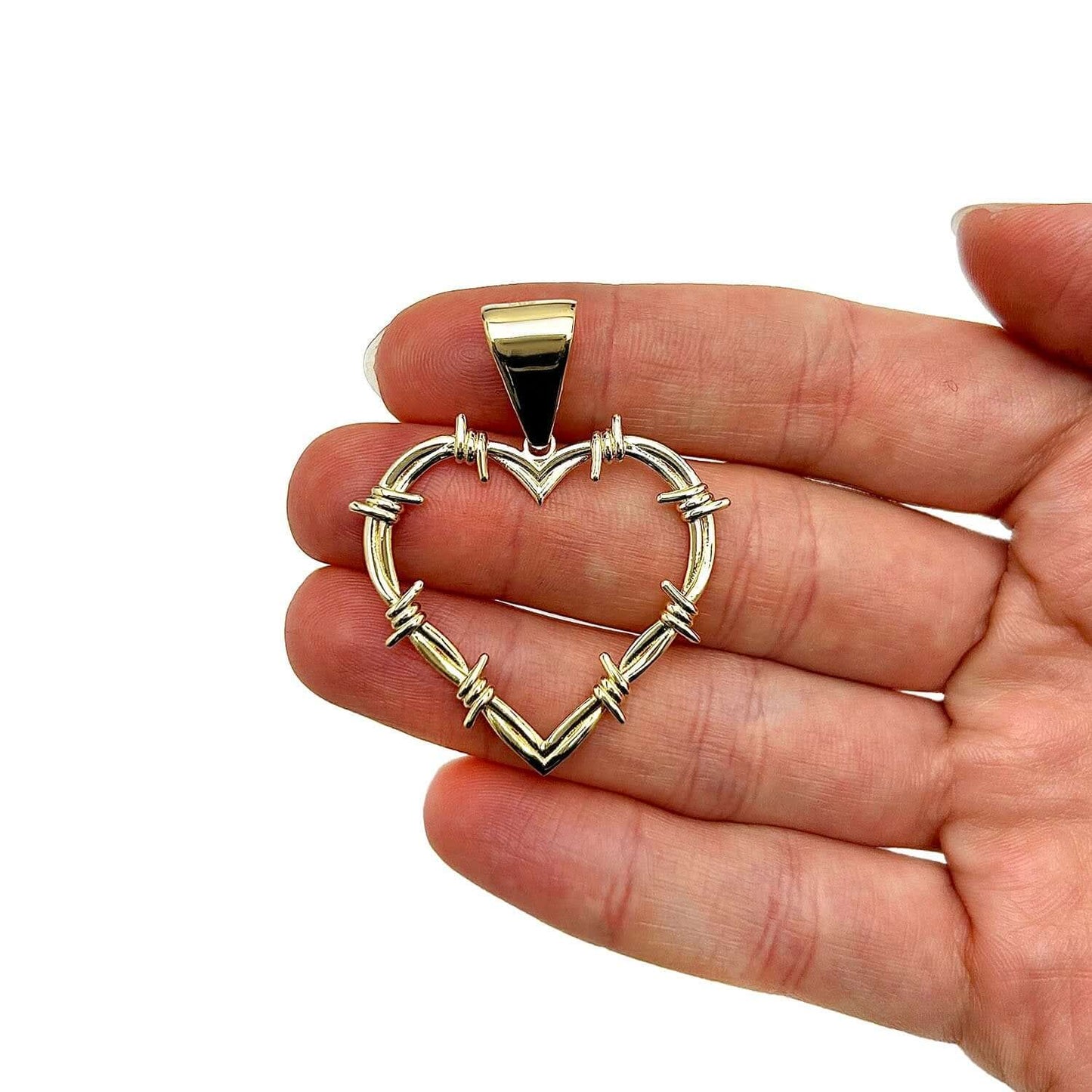 14K Gold Barbed Wire Open Heart Pendant 1.8"
