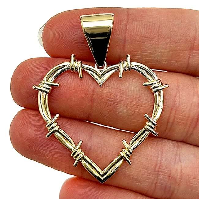 14K Gold Barbed Wire Open Heart Pendant 1.8"