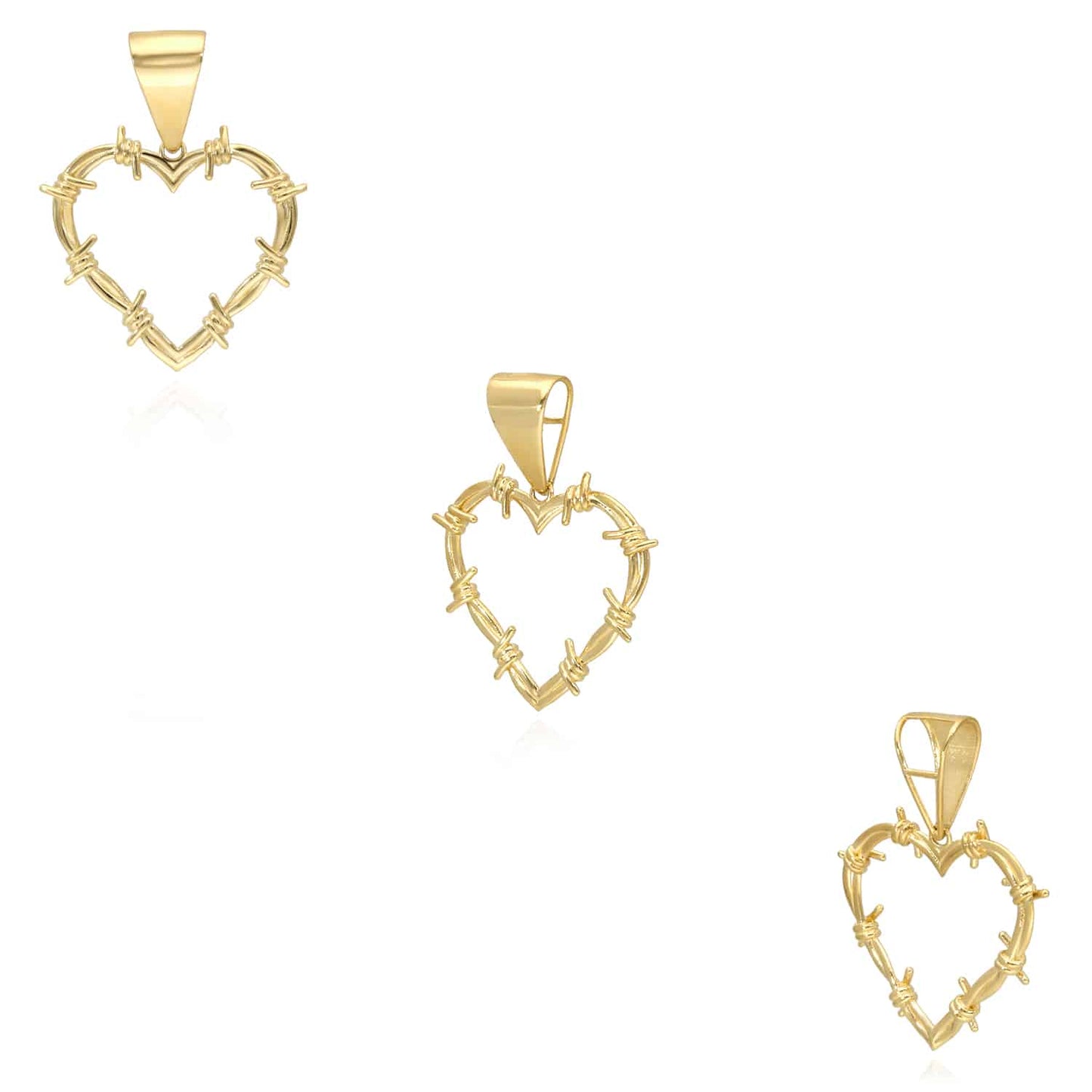 14K Gold Barbed Wire Open Heart Pendant 1.8"