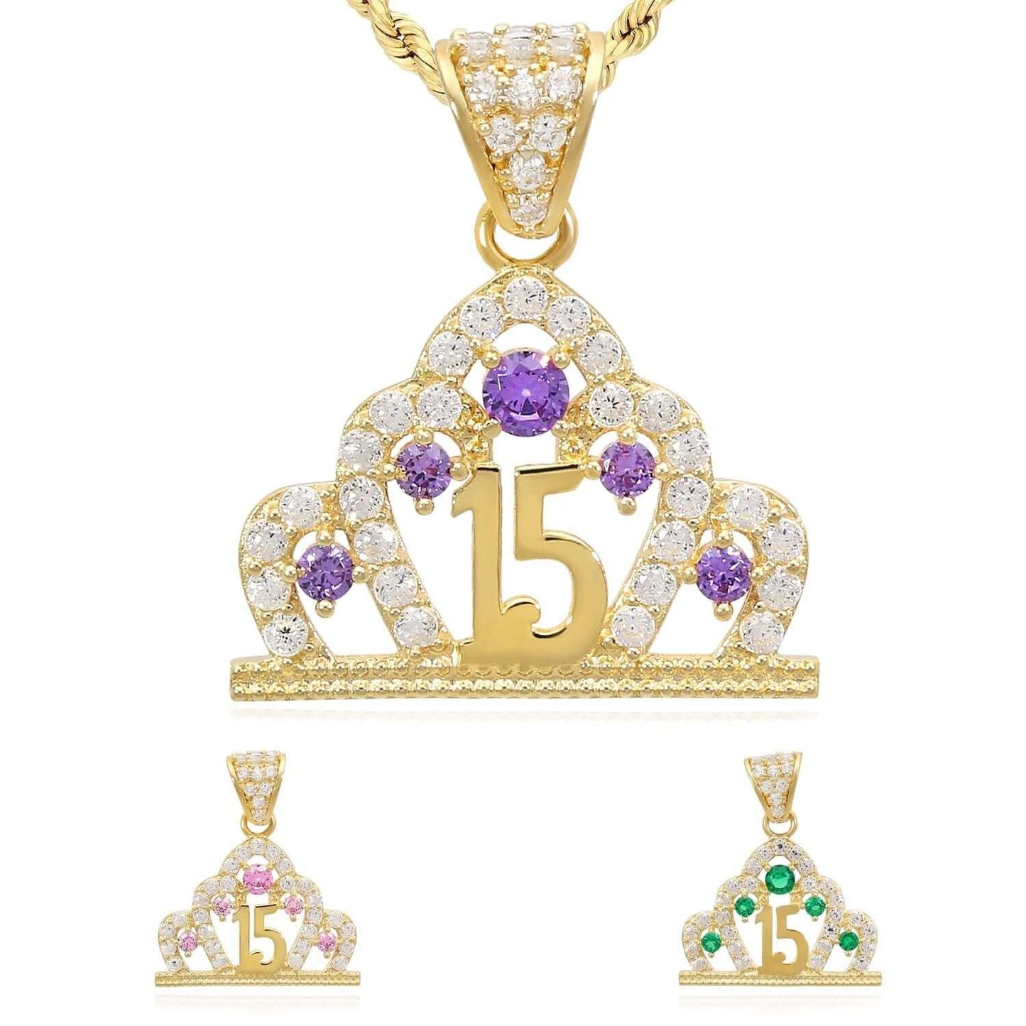 14K Real Gold CZ Crown Girl's 15th Birthday Quinceañera Pendant
