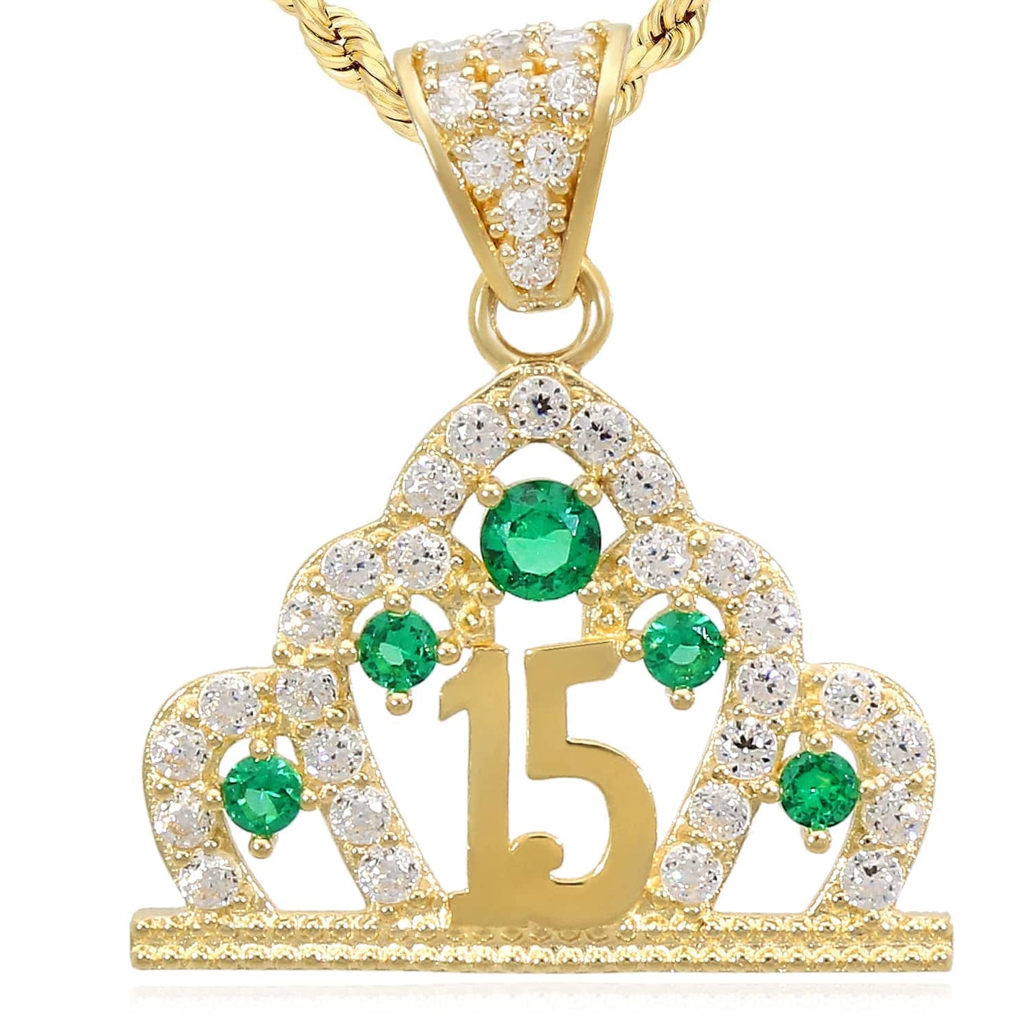 14K Real Gold CZ Crown Girl's 15th Birthday Quinceañera Pendant