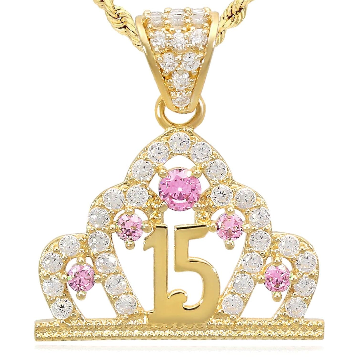 14K Real Gold CZ Crown Girl's 15th Birthday Quinceañera Pendant