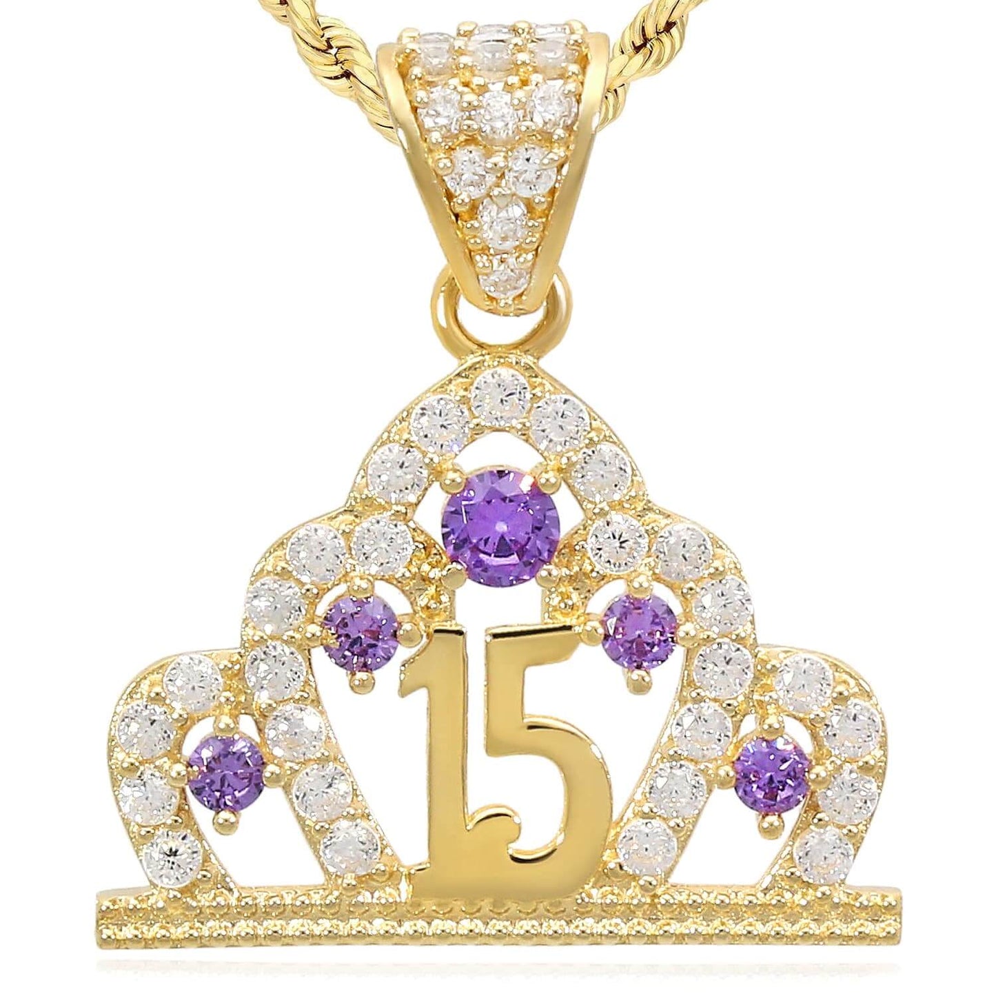 14K Real Gold CZ Crown Girl's 15th Birthday Quinceañera Pendant
