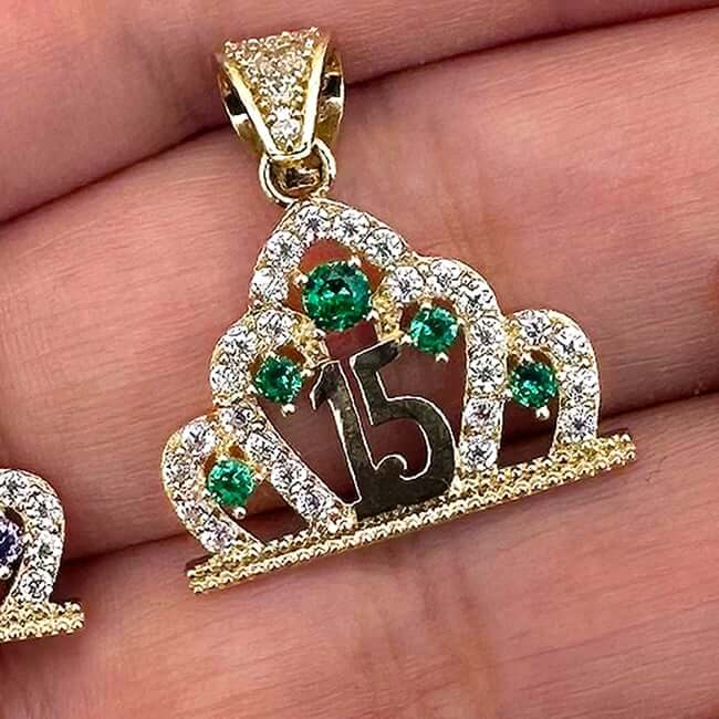 14K Real Gold CZ Crown Girl's 15th Birthday Quinceañera Pendant
